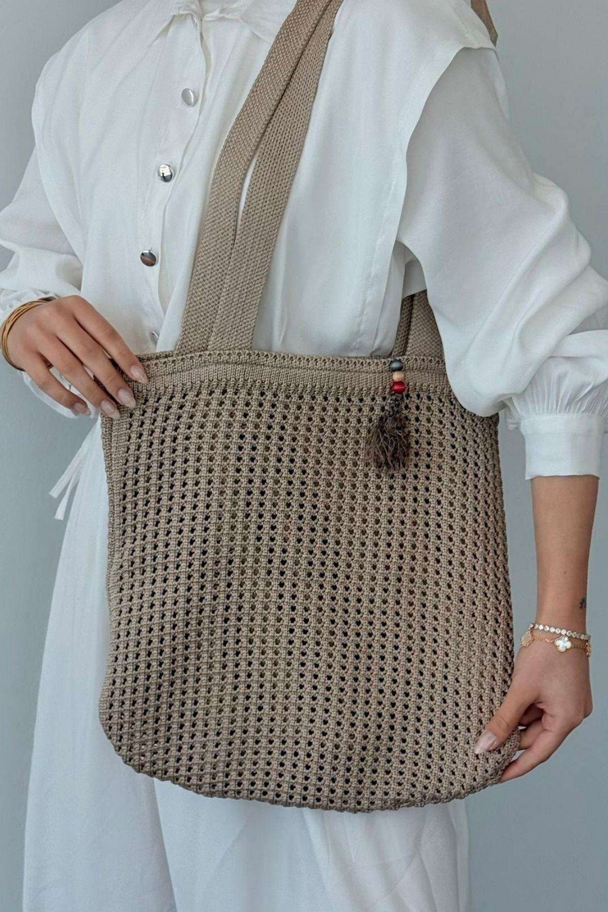 Boncuklu Hasır Çanta Vizon, Fiyatları Boncuklu Hasır Çanta Vizon- Haza Moda 