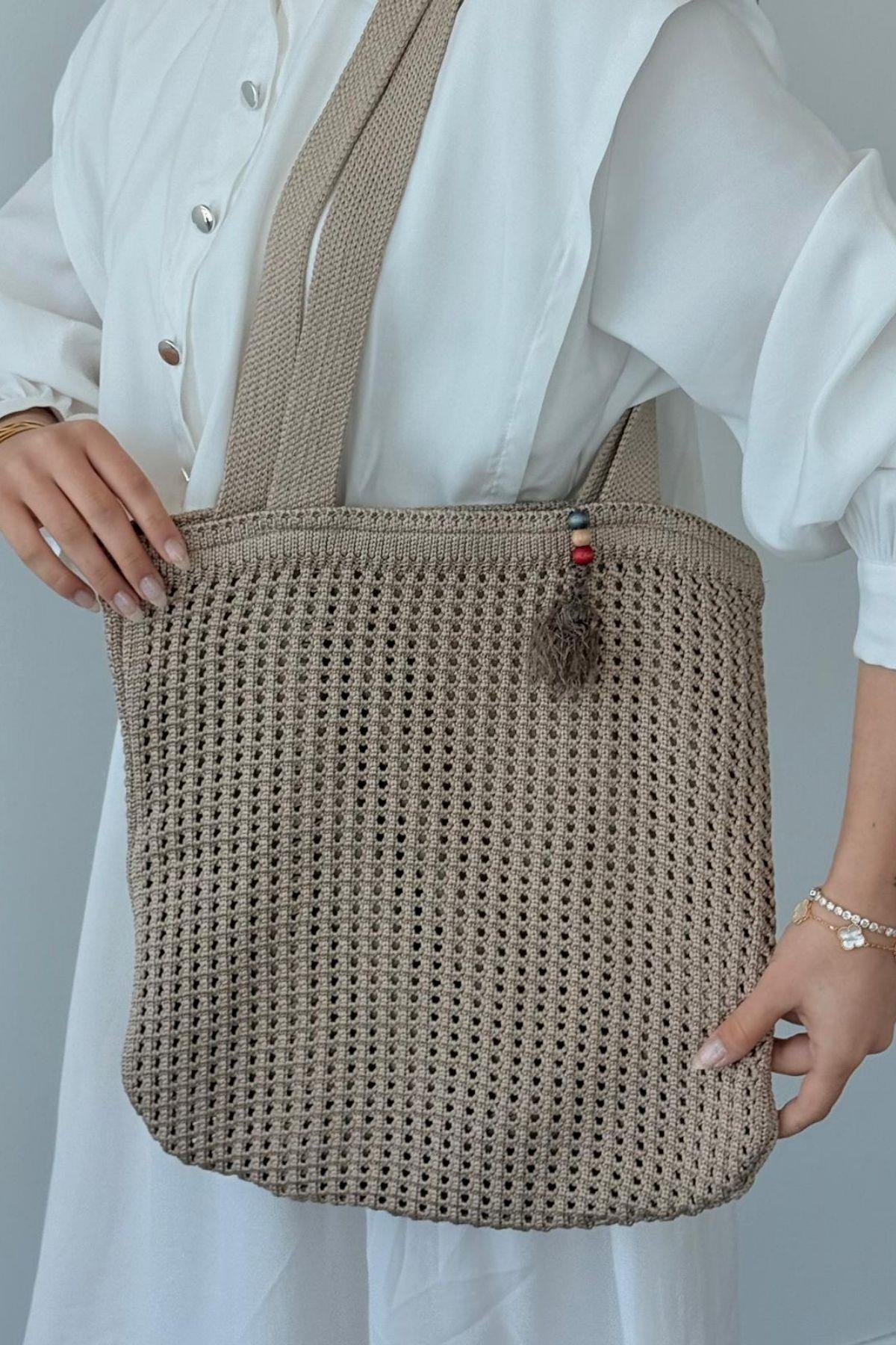 Boncuklu Hasır Çanta Vizon, Fiyatları Boncuklu Hasır Çanta Vizon- Haza Moda 