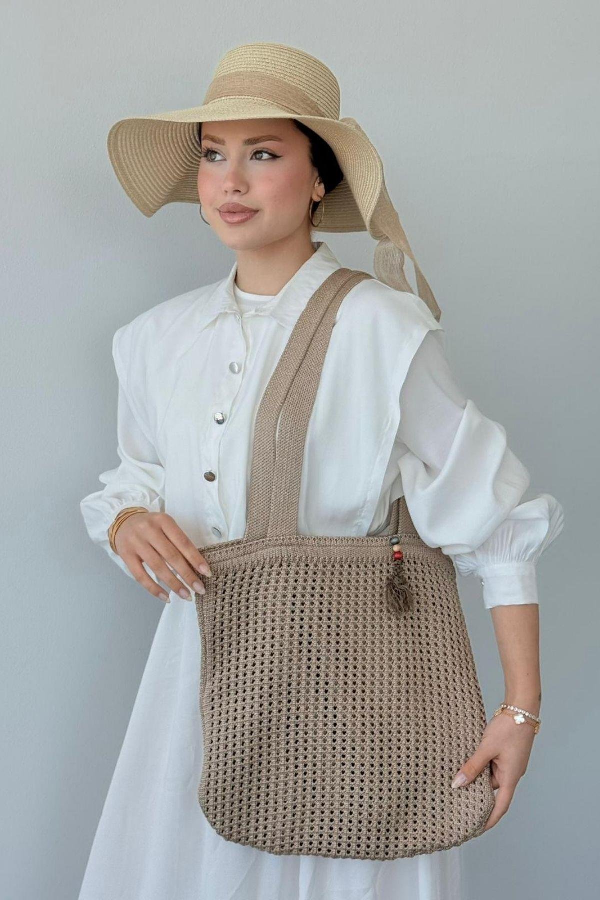 Boncuklu Hasır Çanta Vizon, Fiyatları Boncuklu Hasır Çanta Vizon- Haza Moda 