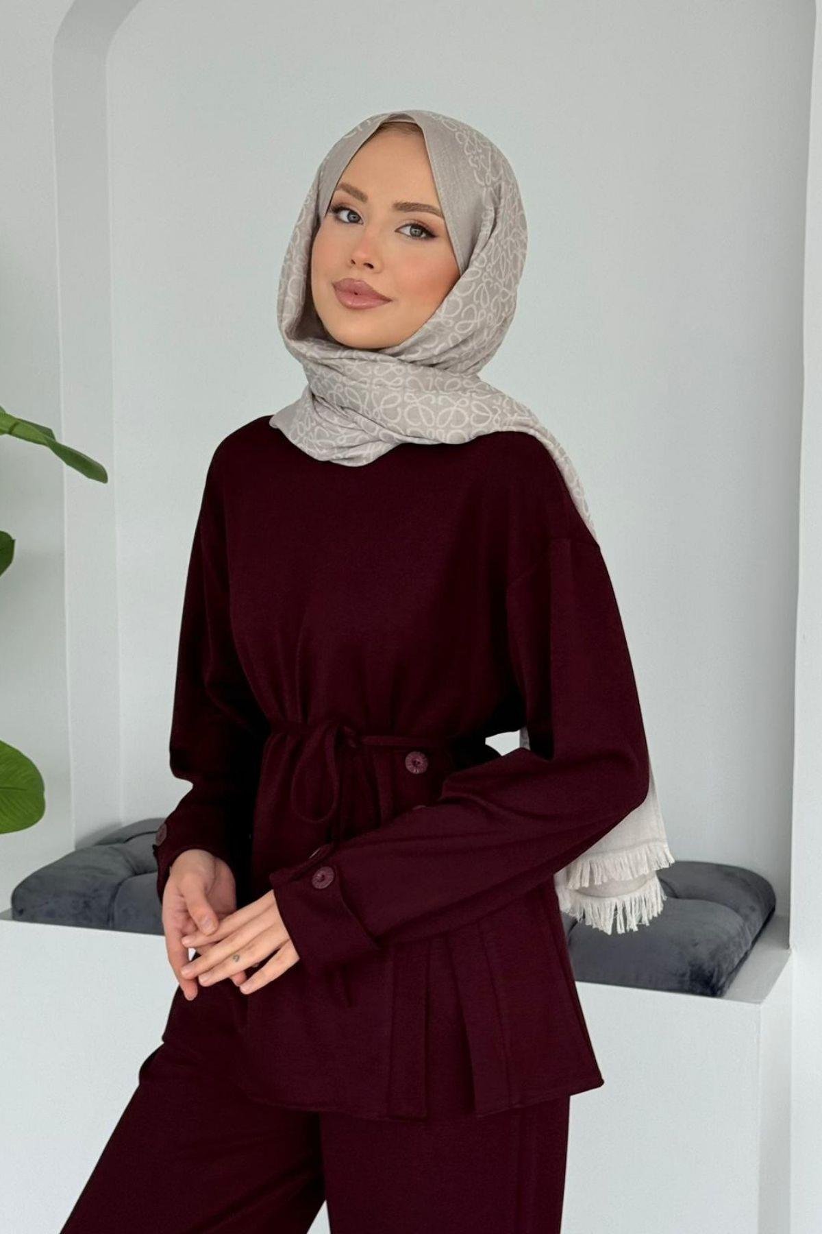 Büşra Düğmeli Modal Takım Bordo, Fiyatları 