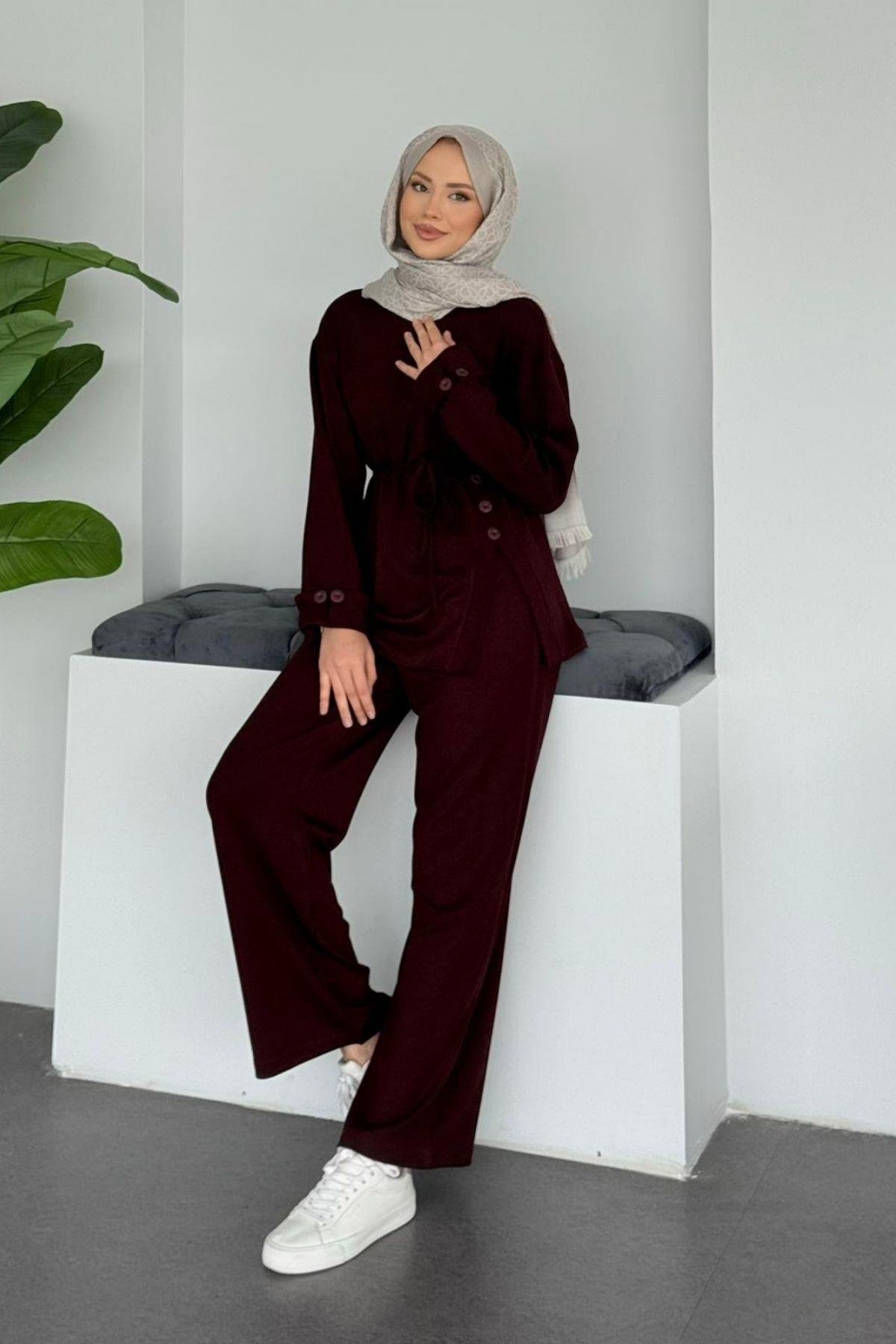 Büşra Düğmeli Modal Takım Bordo, Fiyatları 