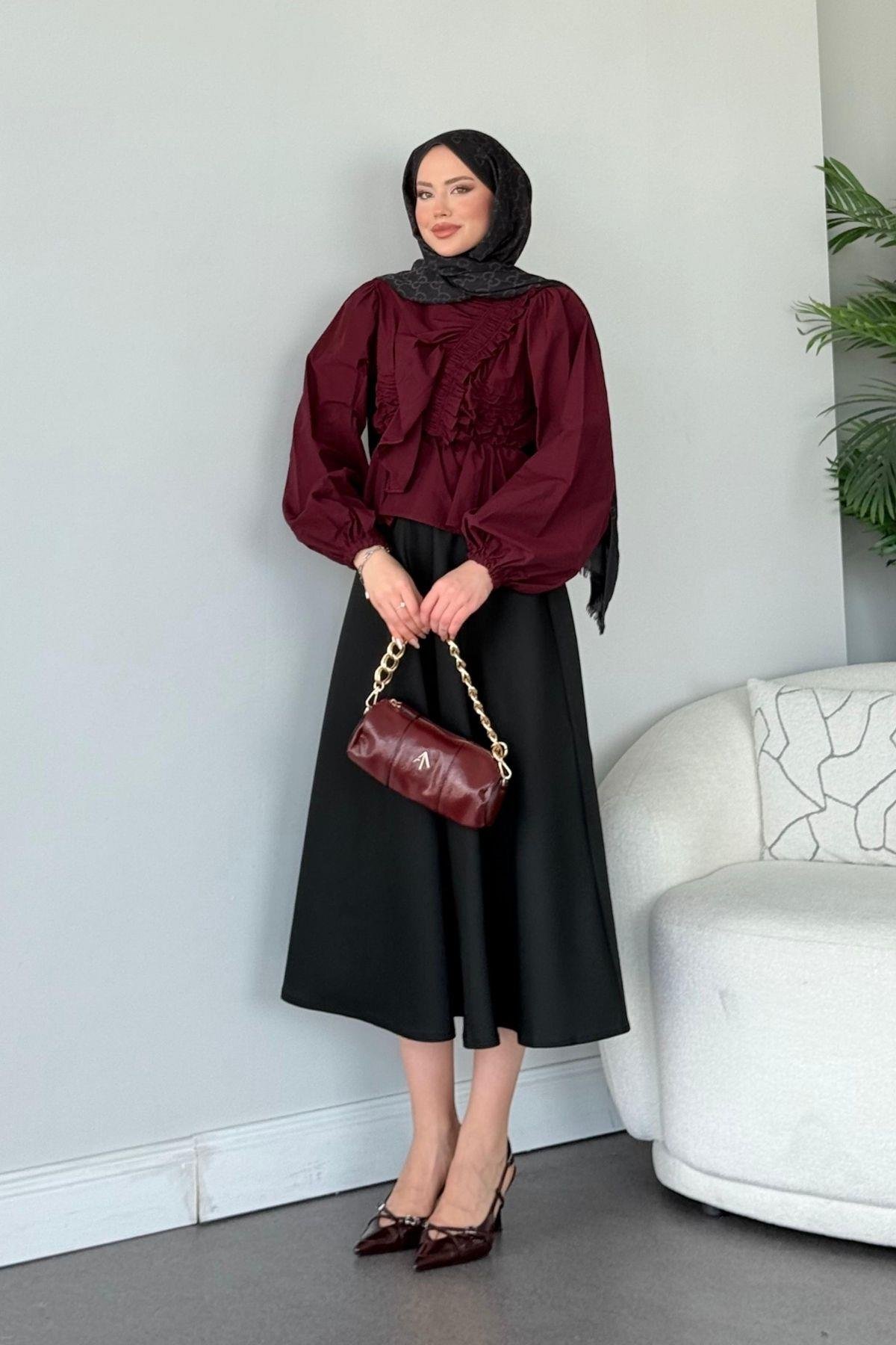 Büzgülü Lastikli Bluz Bordo, Fiyatları 