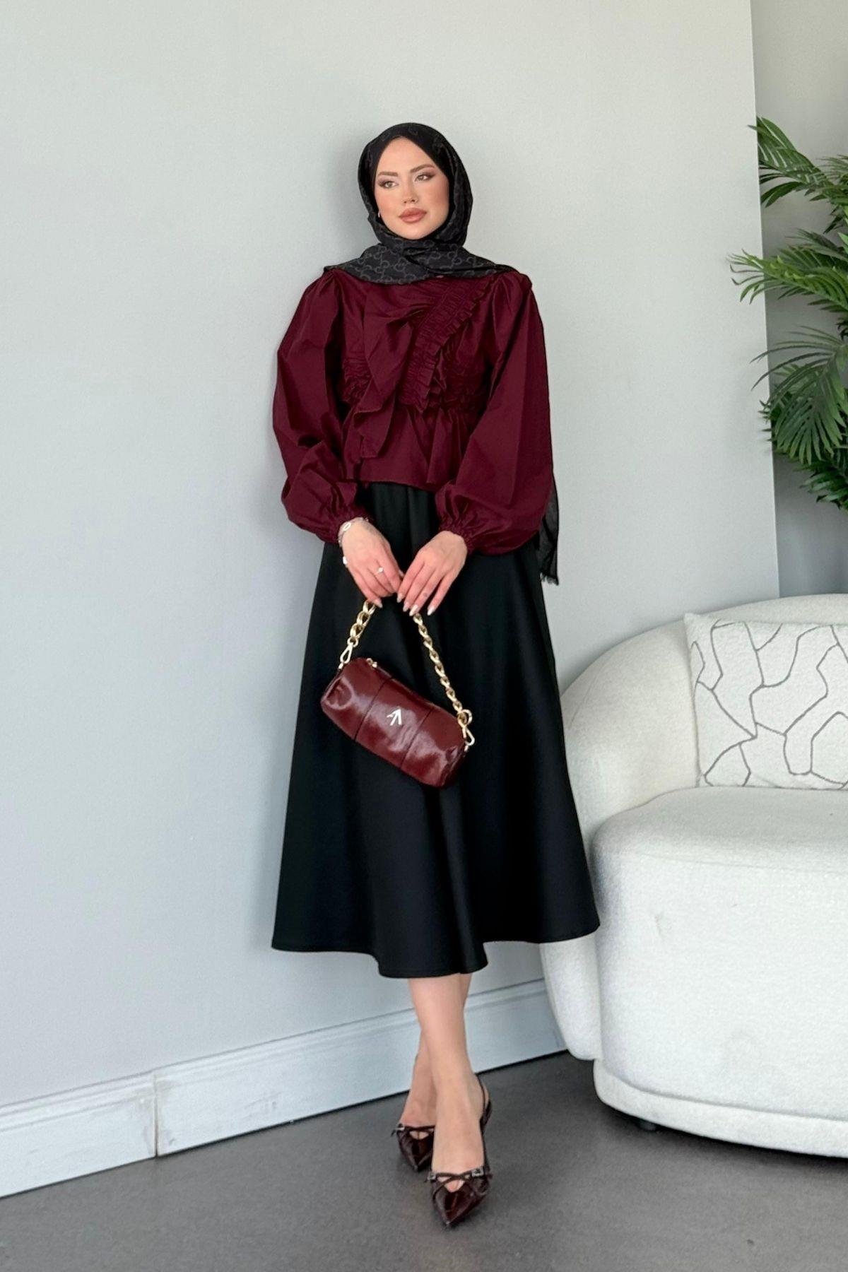 Büzgülü Lastikli Bluz Bordo, Fiyatları 