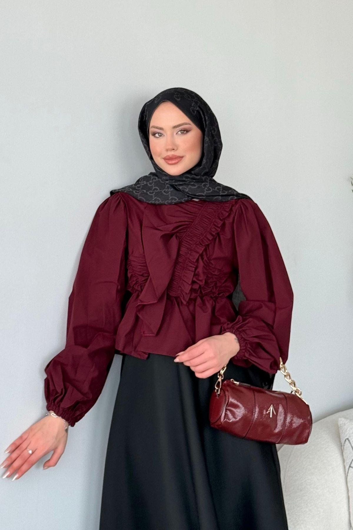 Büzgülü Lastikli Bluz Bordo, Fiyatları 