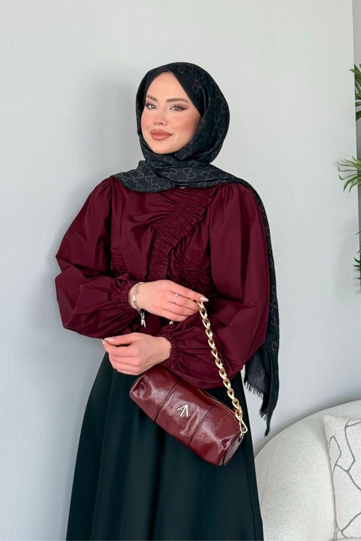 Büzgülü Lastikli Bluz Bordo, Fiyatları 