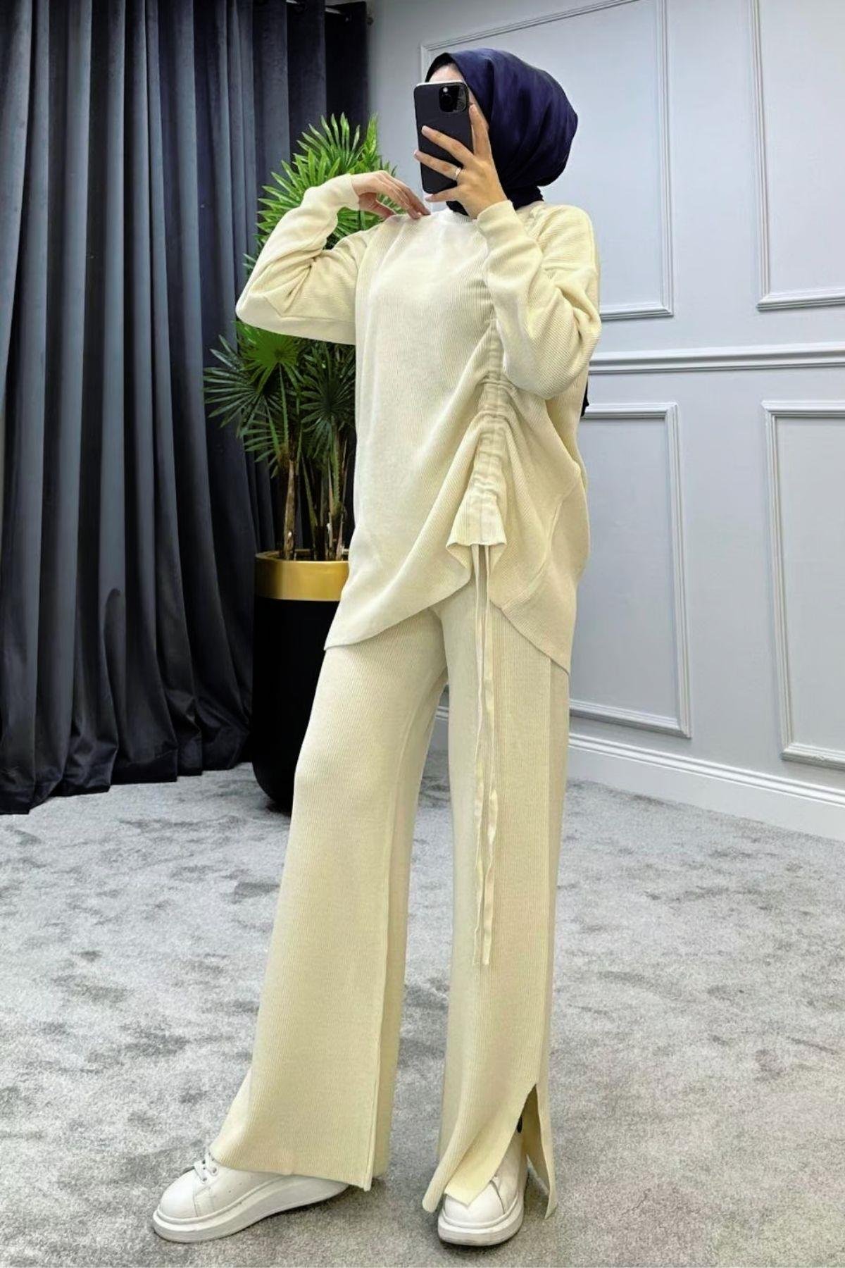 Büzgülü Triko Takım Bej, Fiyatları 