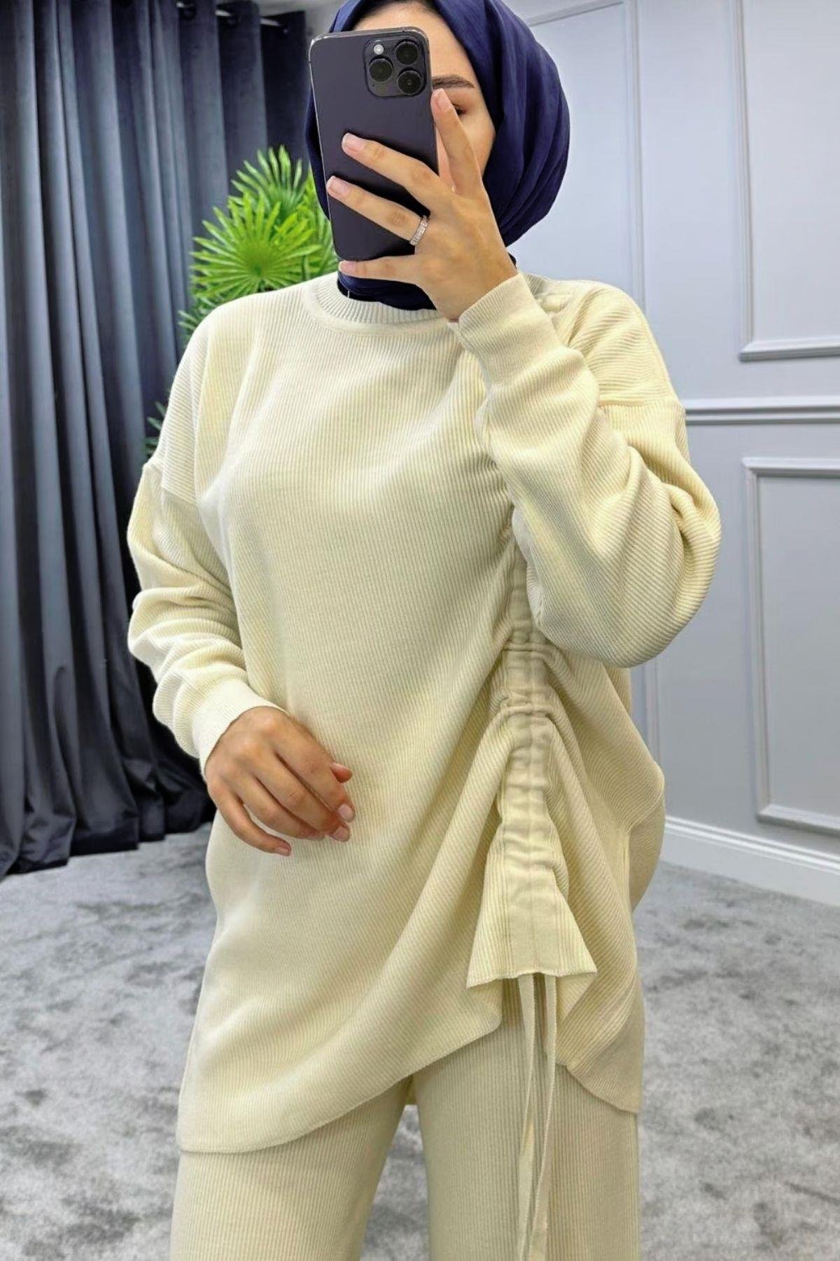 Büzgülü Triko Takım Bej, Fiyatları 