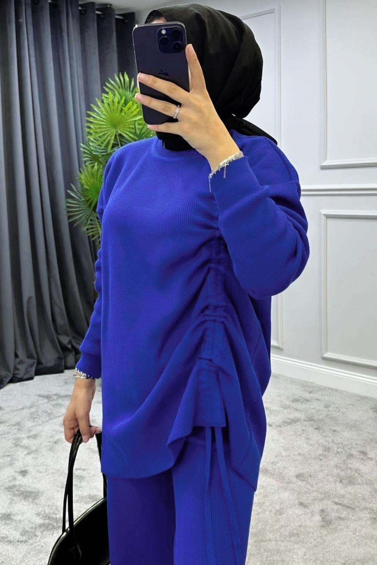 Büzgülü Triko Takım Saks, Fiyatları 