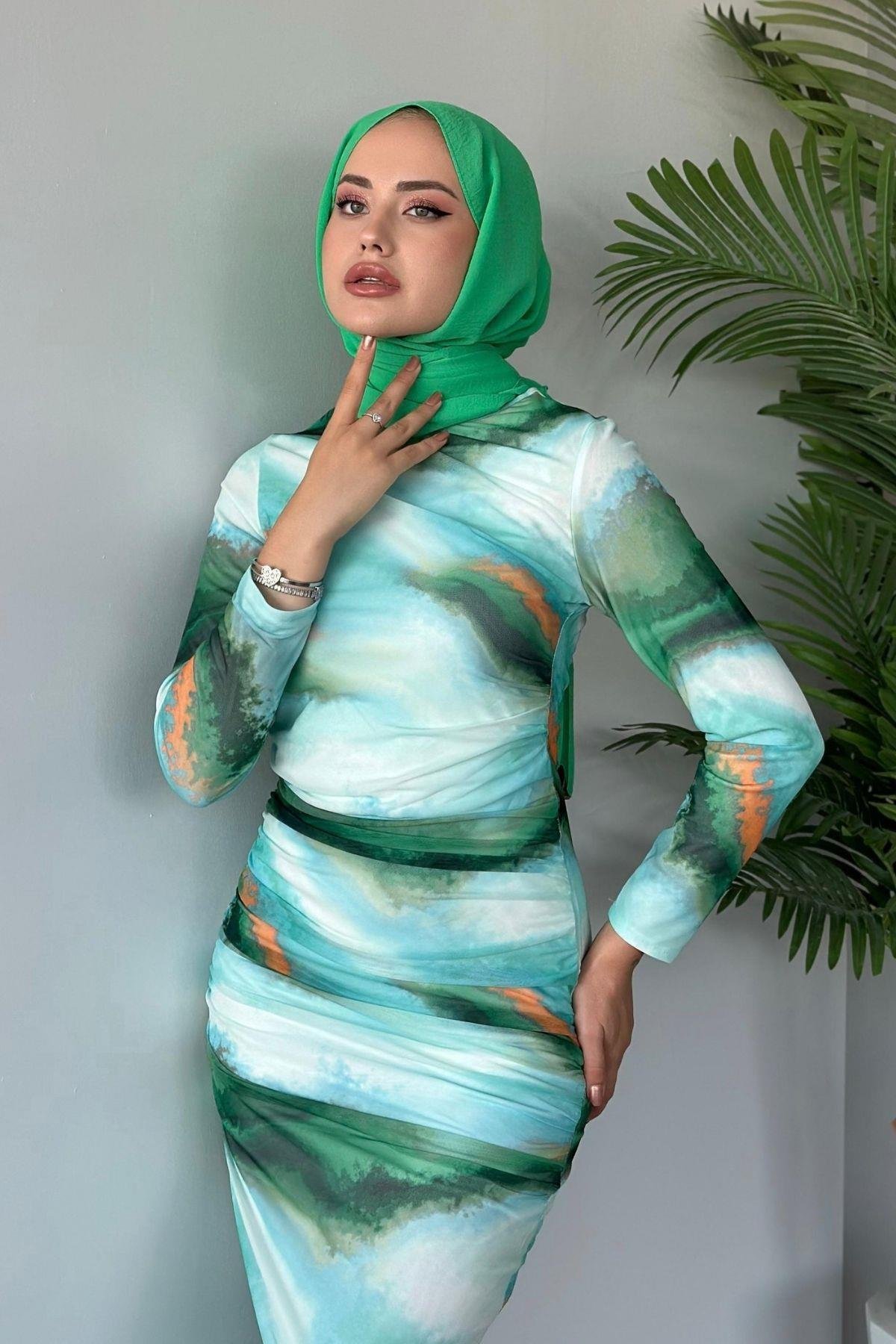 Büzgülü Tül Elbise Yeşil, Fiyatları 