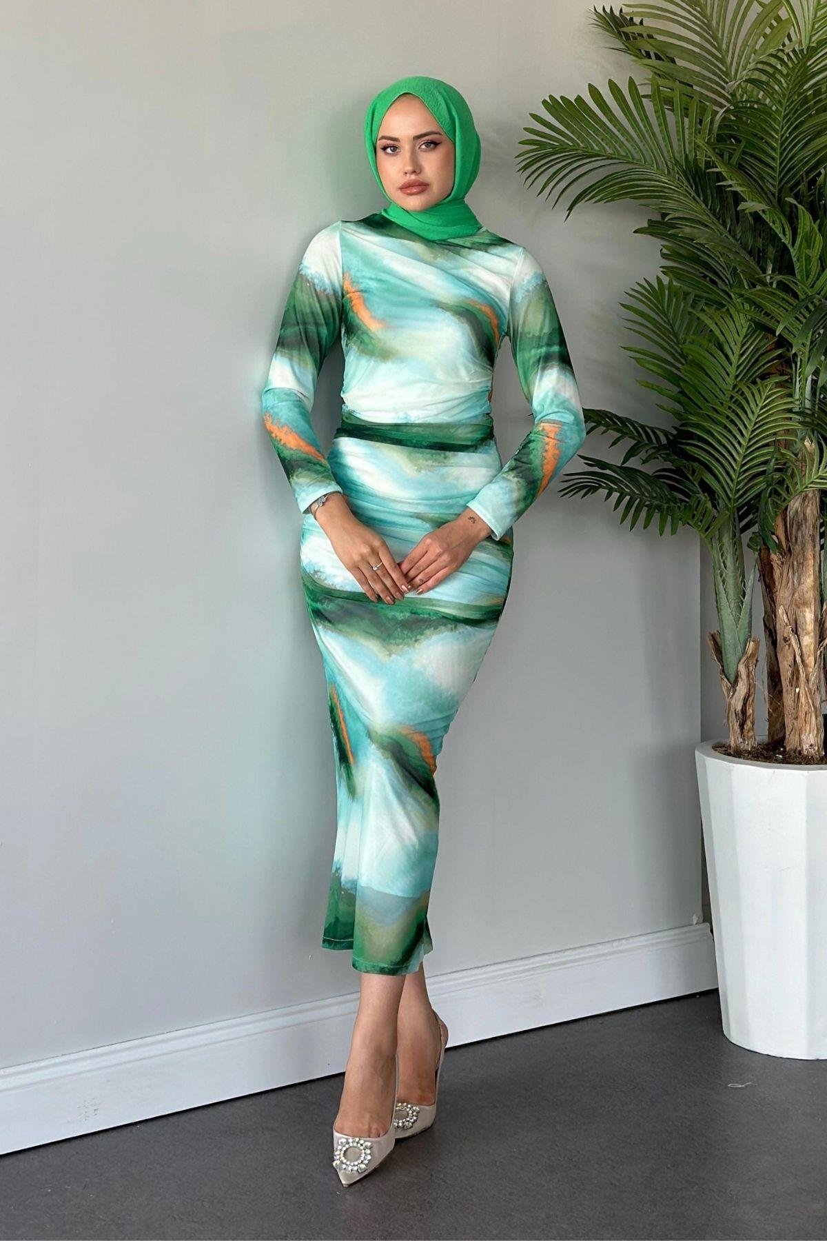 Büzgülü Tül Elbise Yeşil, Fiyatları 