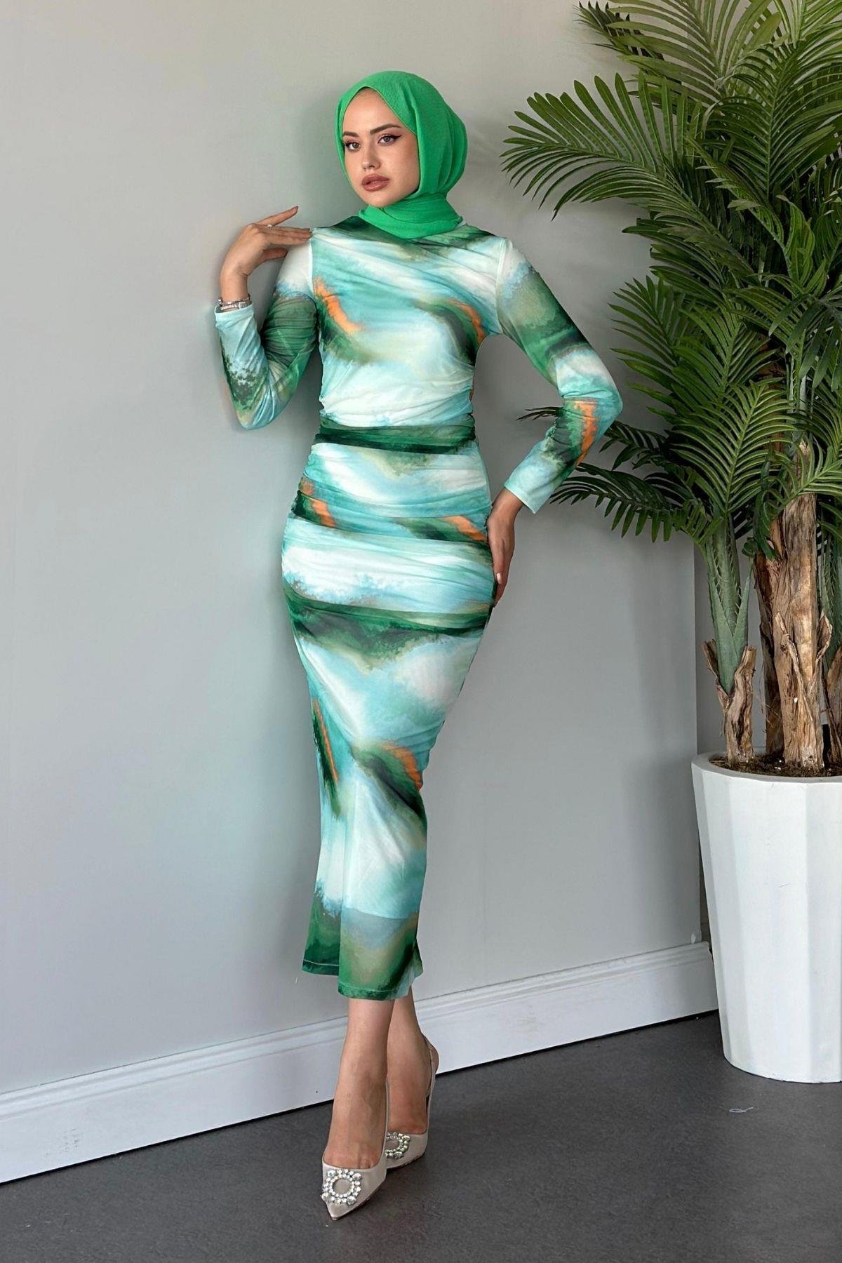 Büzgülü Tül Elbise Yeşil, Fiyatları 