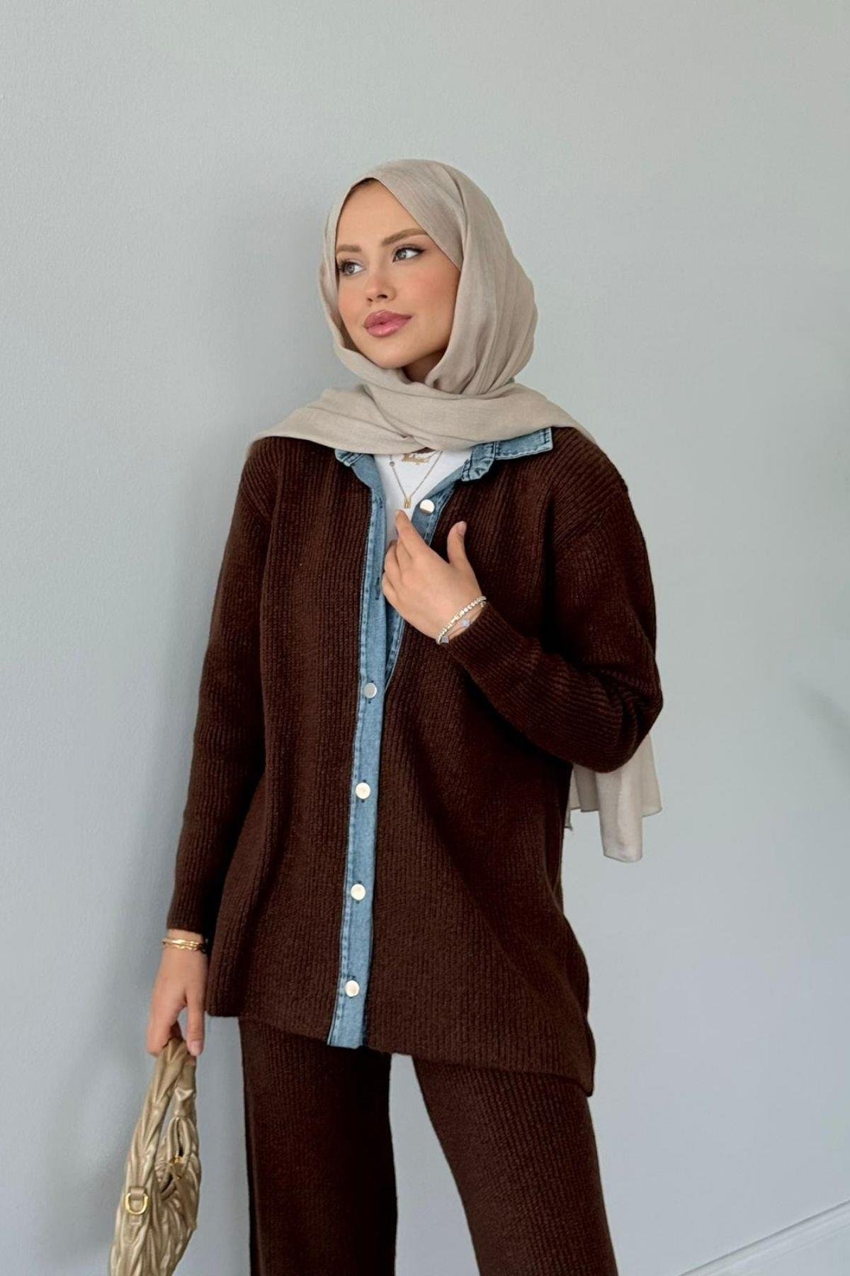 Çakım Düğmeli Triko Takım Acıkahve, Fiyatları Çakım Düğmeli Triko Takım Acıkahve- Haza Moda