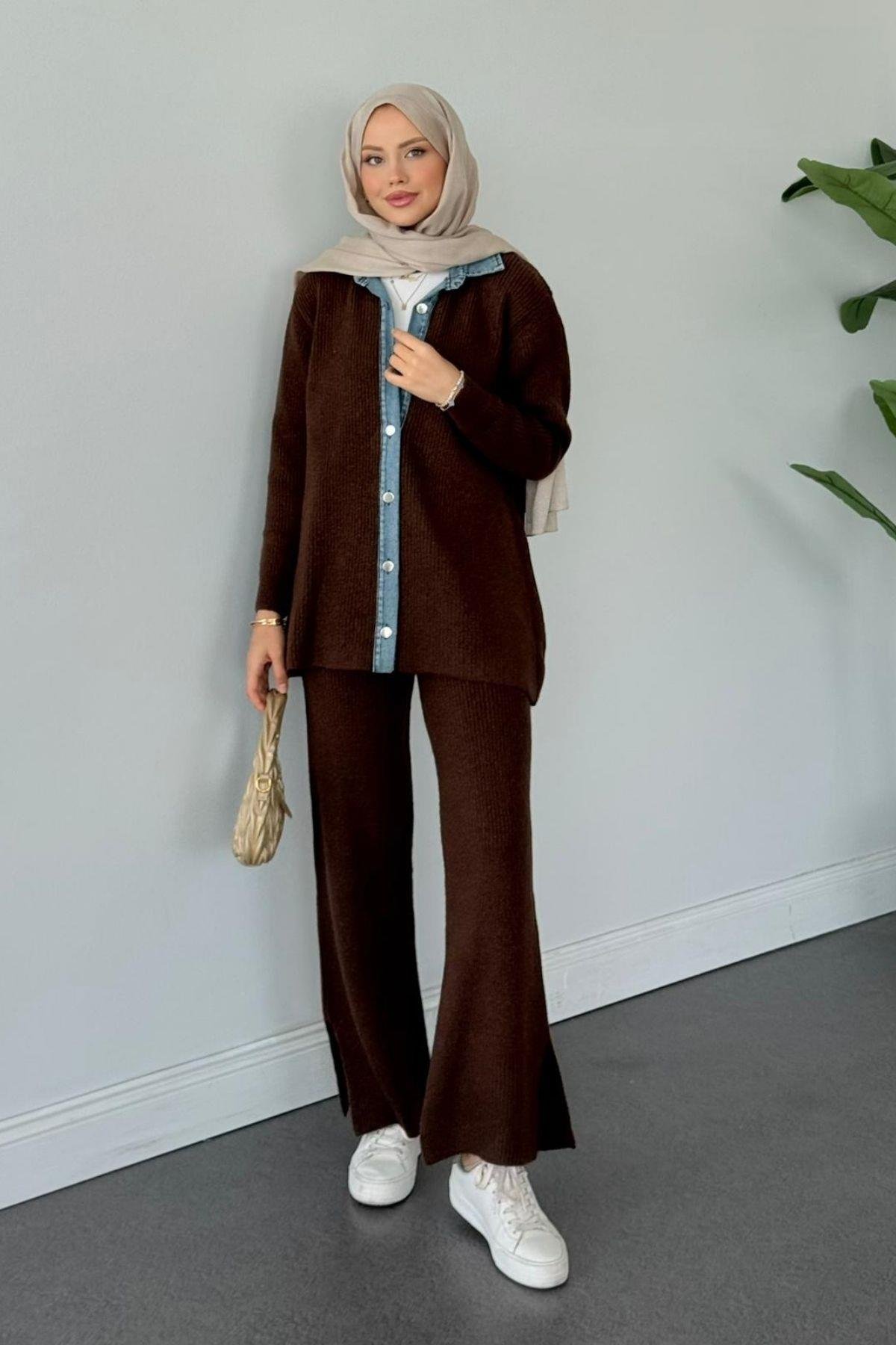 Çakım Düğmeli Triko Takım Acıkahve, Fiyatları Çakım Düğmeli Triko Takım Acıkahve- Haza Moda