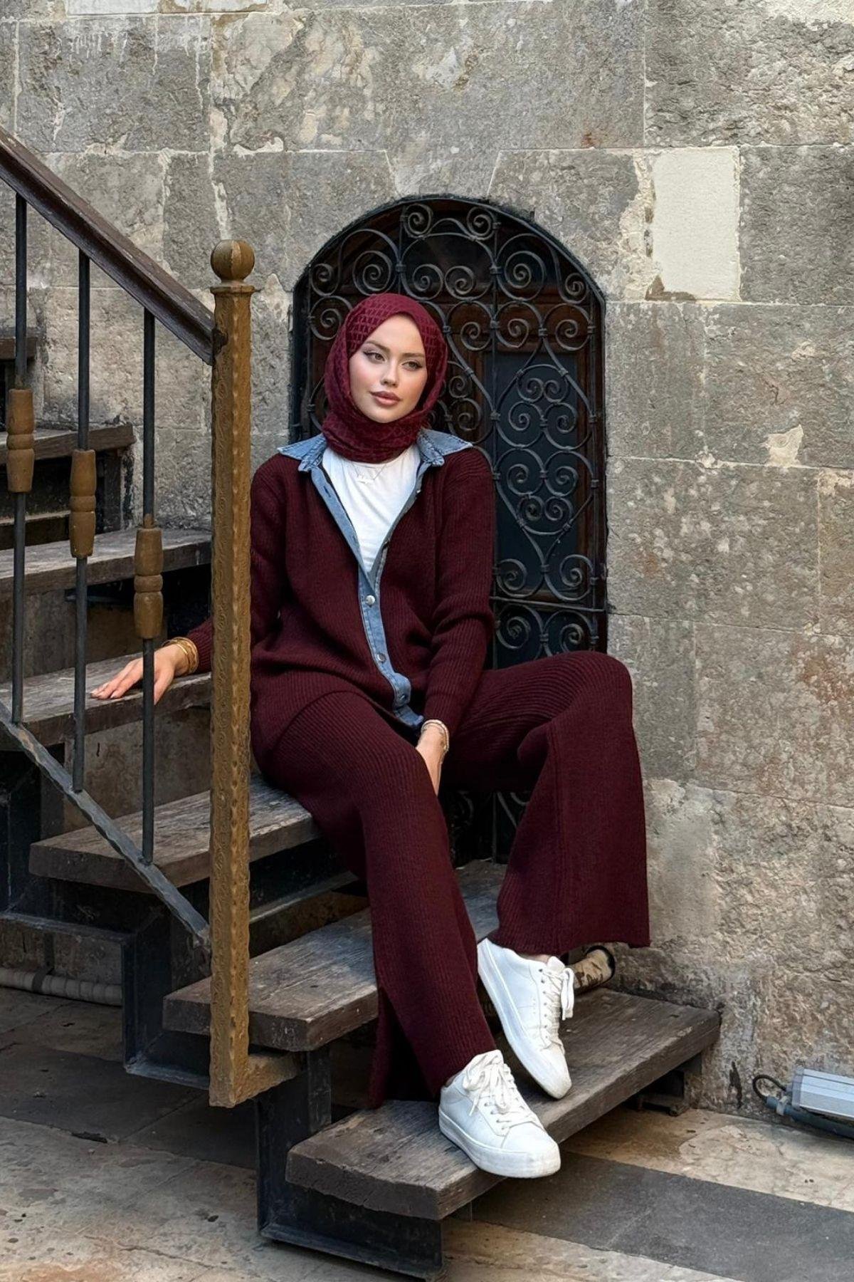 Çakım Düğmeli Triko Takım Bordo, Fiyatları Çakım Düğmeli Triko Takım Bordo- Haza Moda