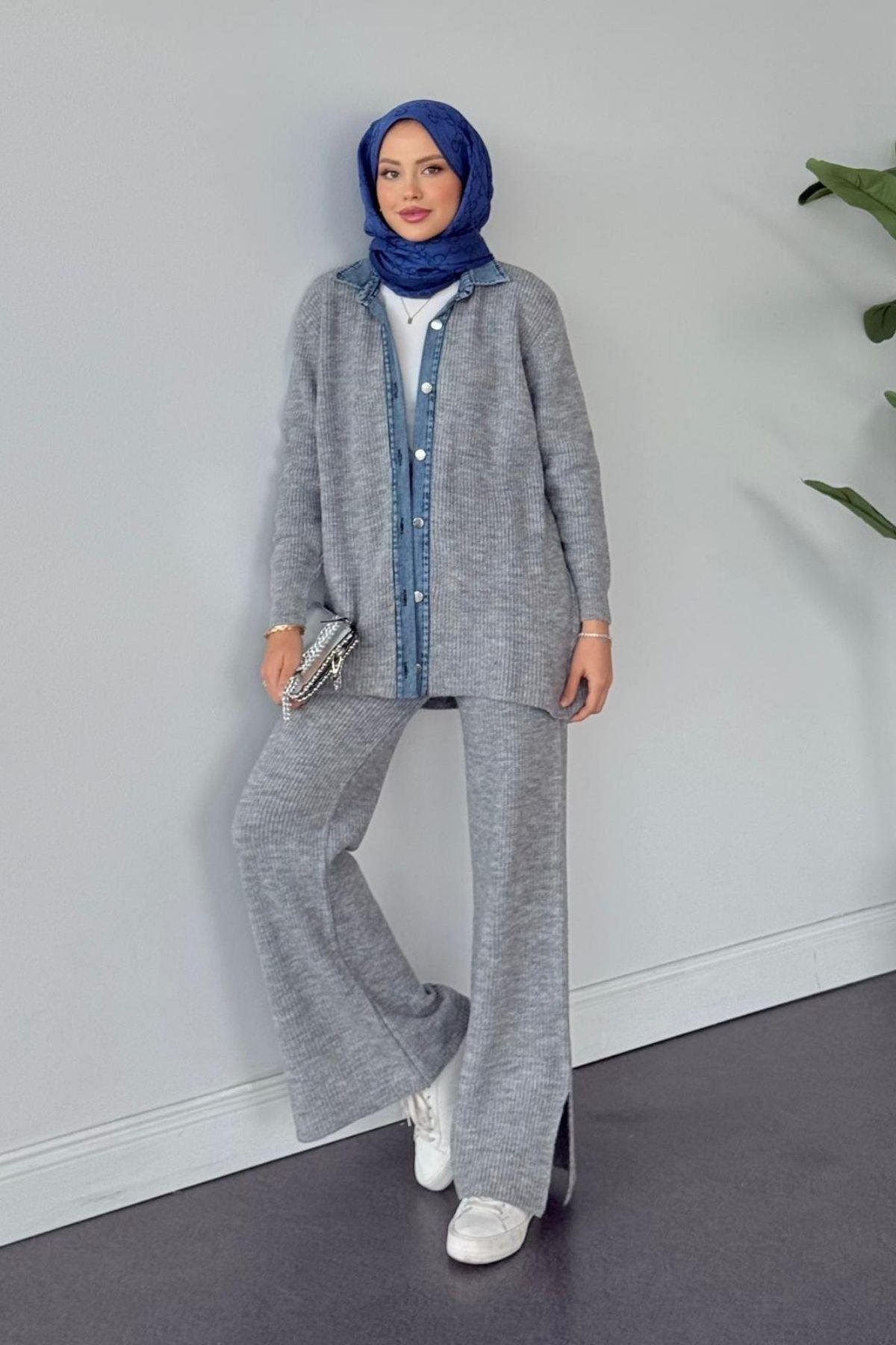 Çakım Düğmeli Triko Takım Gri, Fiyatları Çakım Düğmeli Triko Takım Gri- Haza Moda