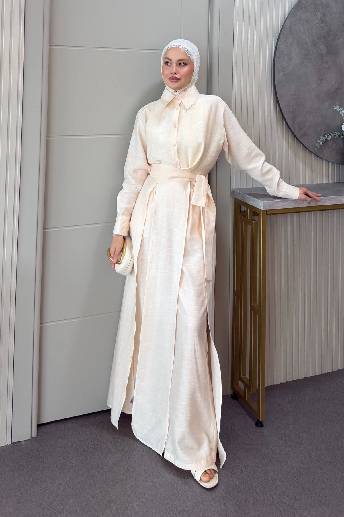 Celine Yırtmaçlı Pantolonlu Takım Bej, Fiyatları 