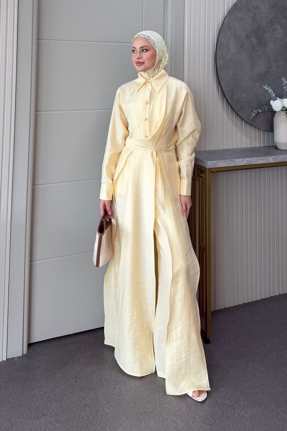 Celine Yırtmaçlı Pantolonlu Takım Sarı, Fiyatları 