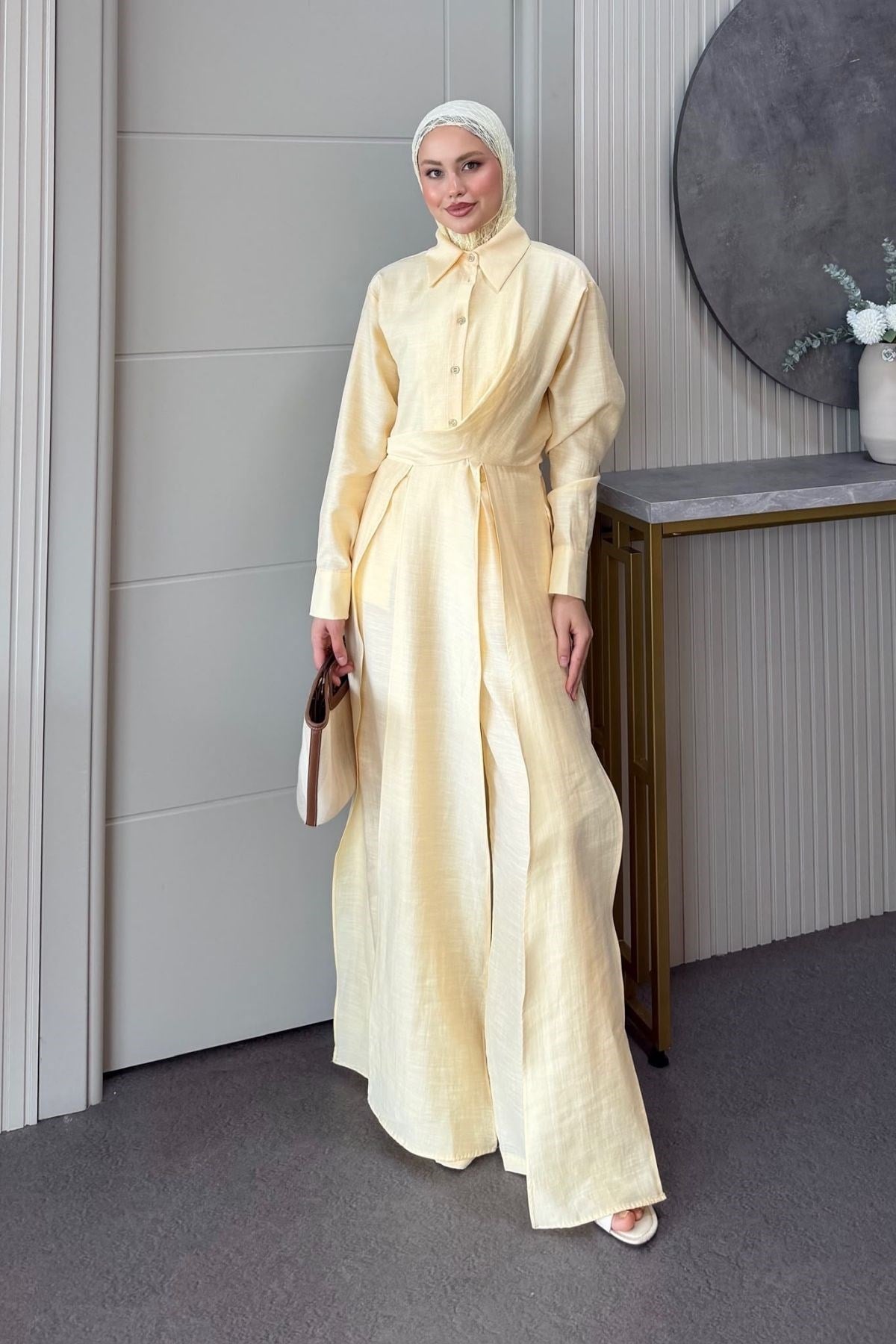 Celine Yırtmaçlı Pantolonlu Takım Sarı, Fiyatları 
