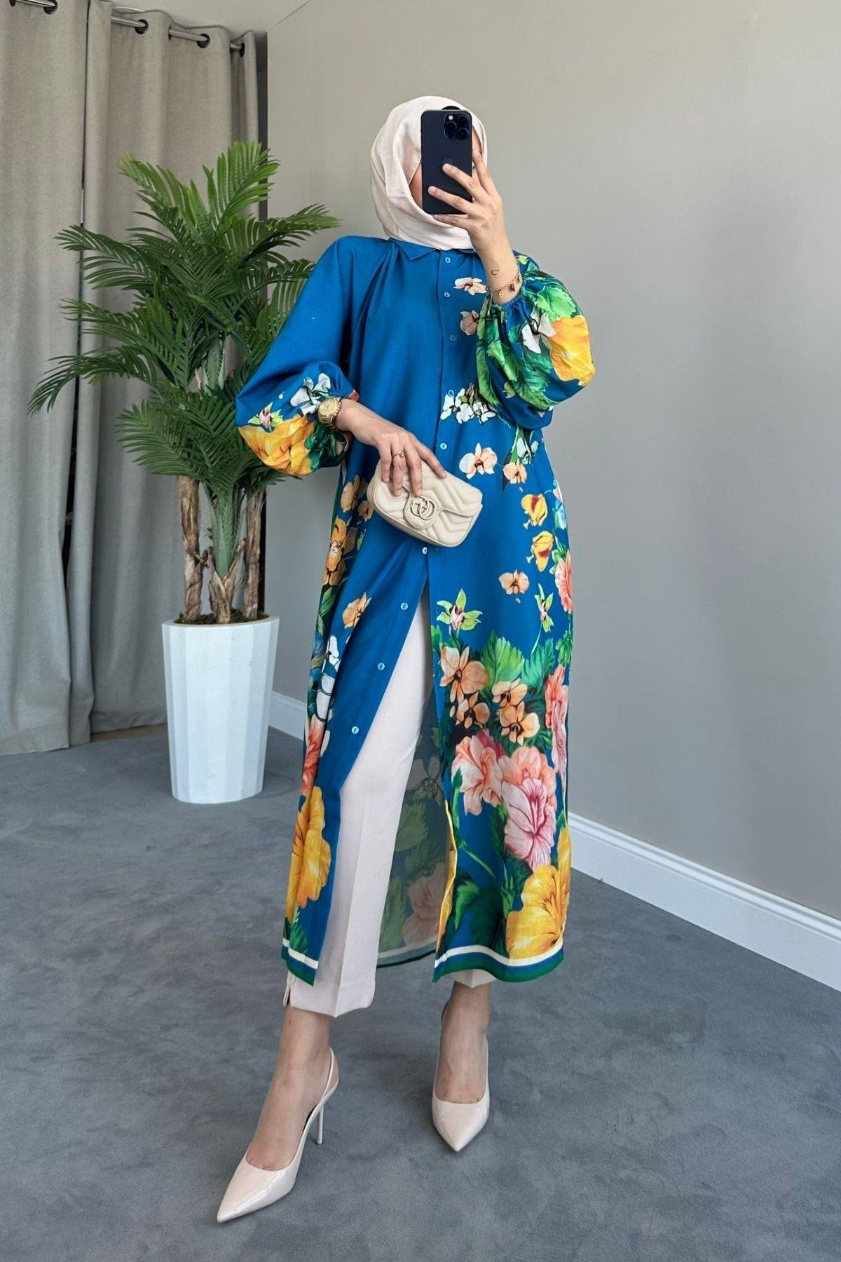 Cepli Uzun Gömlek Elbise Mavi, Fiyatları 