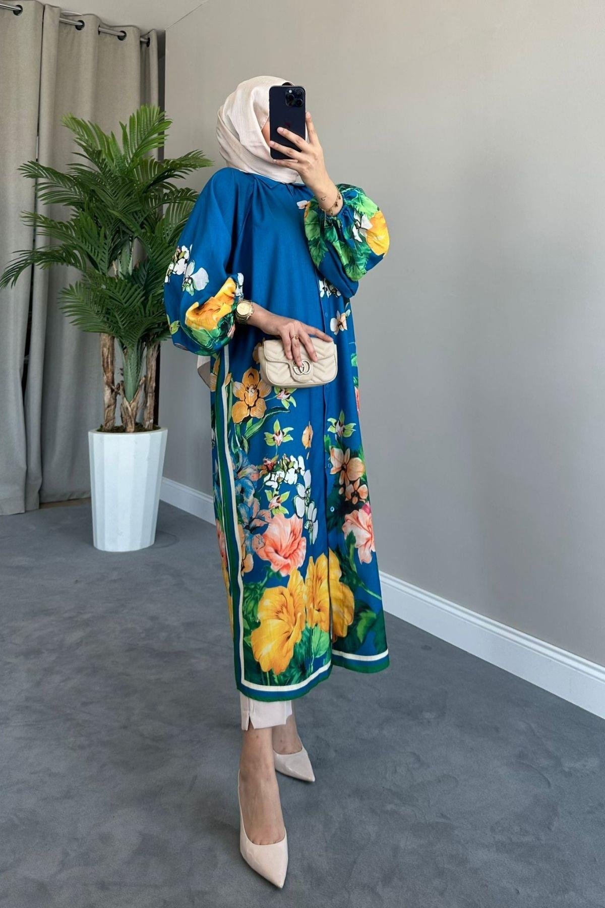 Cepli Uzun Gömlek Elbise Mavi, Fiyatları 