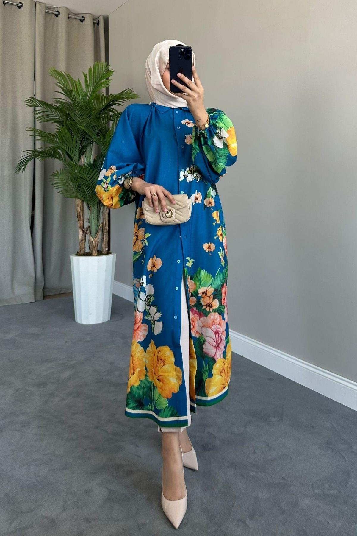 Cepli Uzun Gömlek Elbise Mavi, Fiyatları 