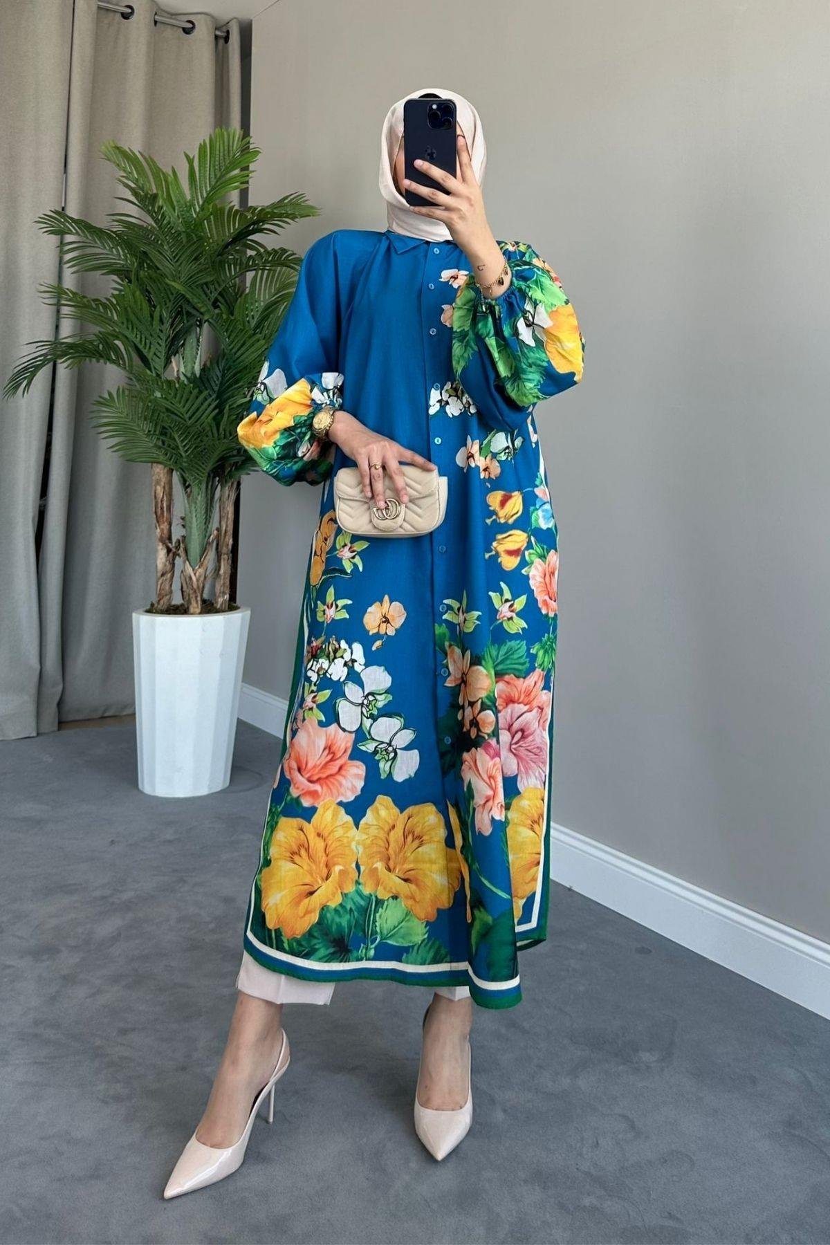 Cepli Uzun Gömlek Elbise Mavi, Fiyatları 