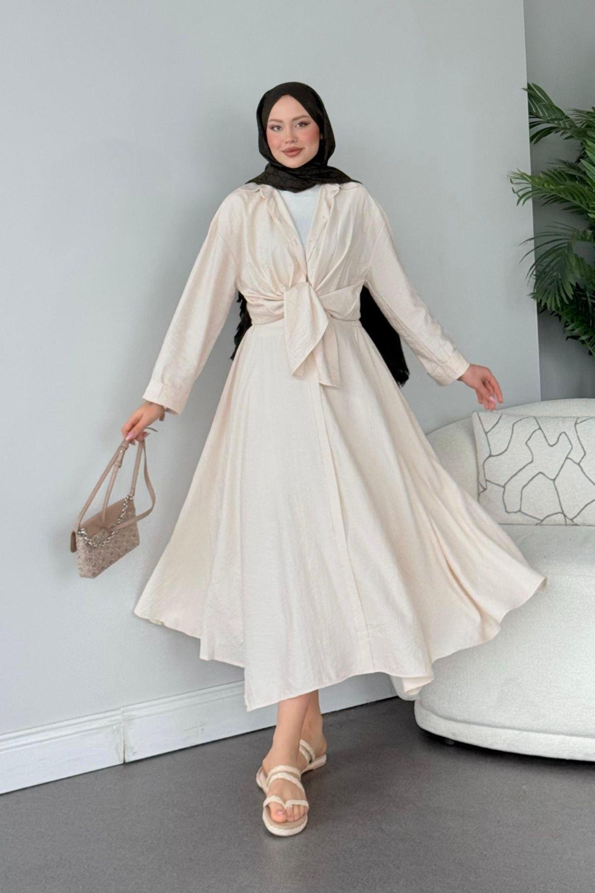 Cepsiz Liya Takım Bej, Fiyatları Haza Moda | Tesettür Giyim | Cepsiz Liya Takım Bej