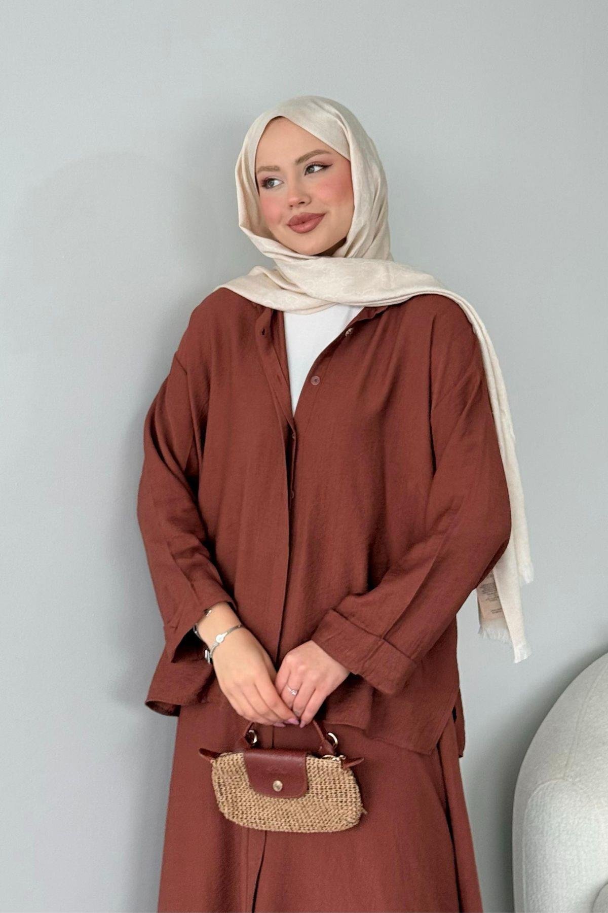 Cepsiz Liya Takım Kahve, Fiyatları Haza Moda | Tesettür Giyim | Cepsiz Liya Takım Kahve