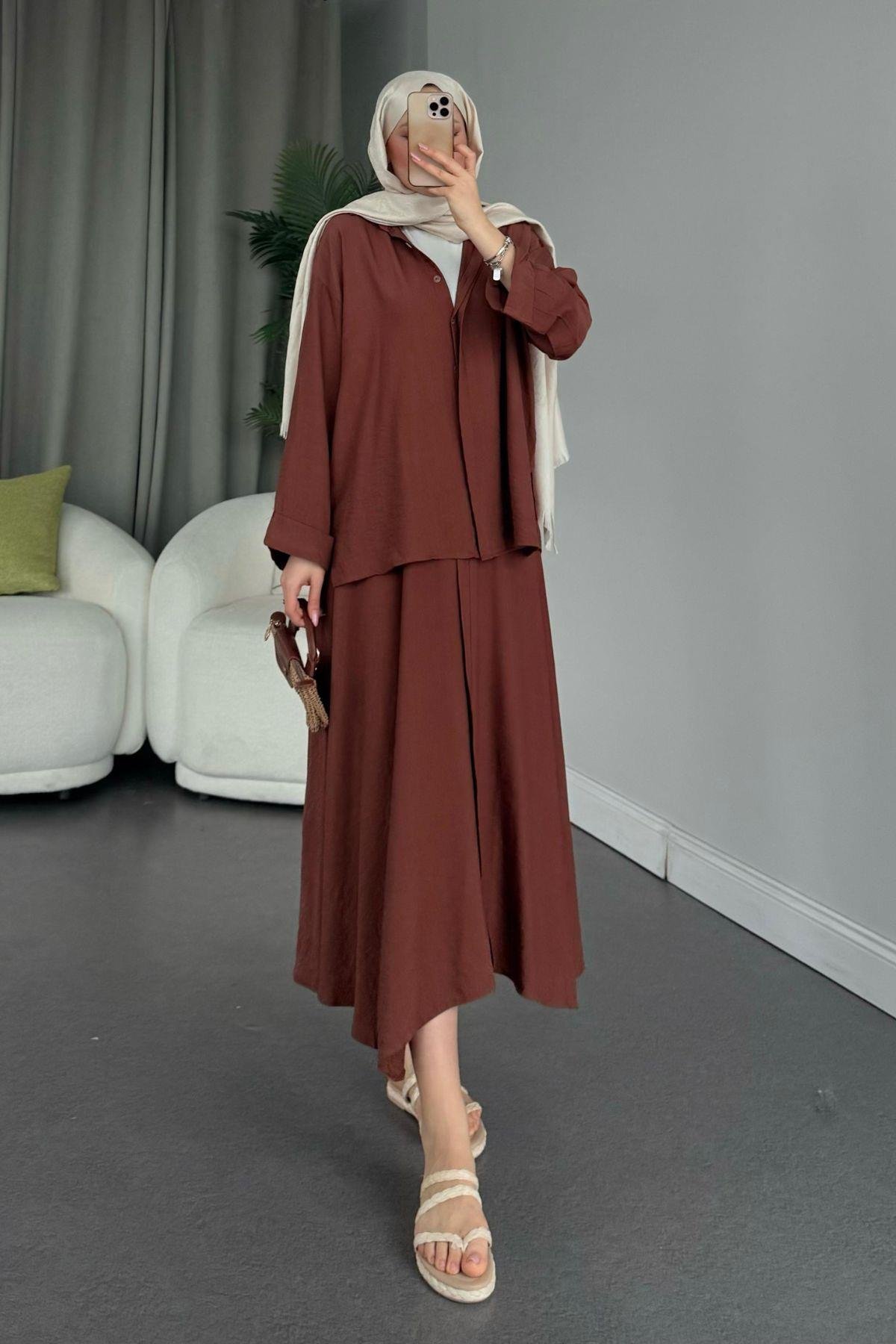 Cepsiz Liya Takım Kahve, Fiyatları Haza Moda | Tesettür Giyim | Cepsiz Liya Takım Kahve