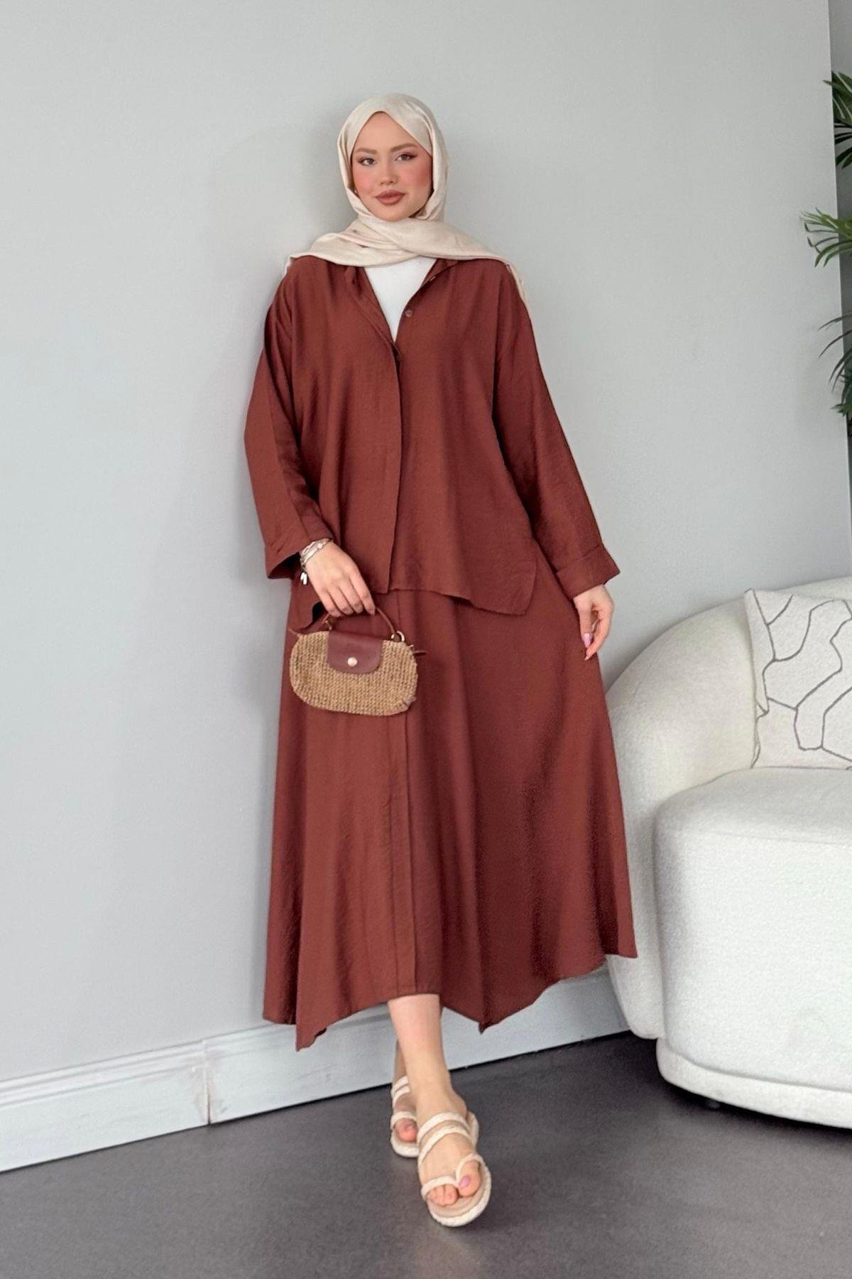 Cepsiz Liya Takım Kahve, Fiyatları Haza Moda | Tesettür Giyim | Cepsiz Liya Takım Kahve