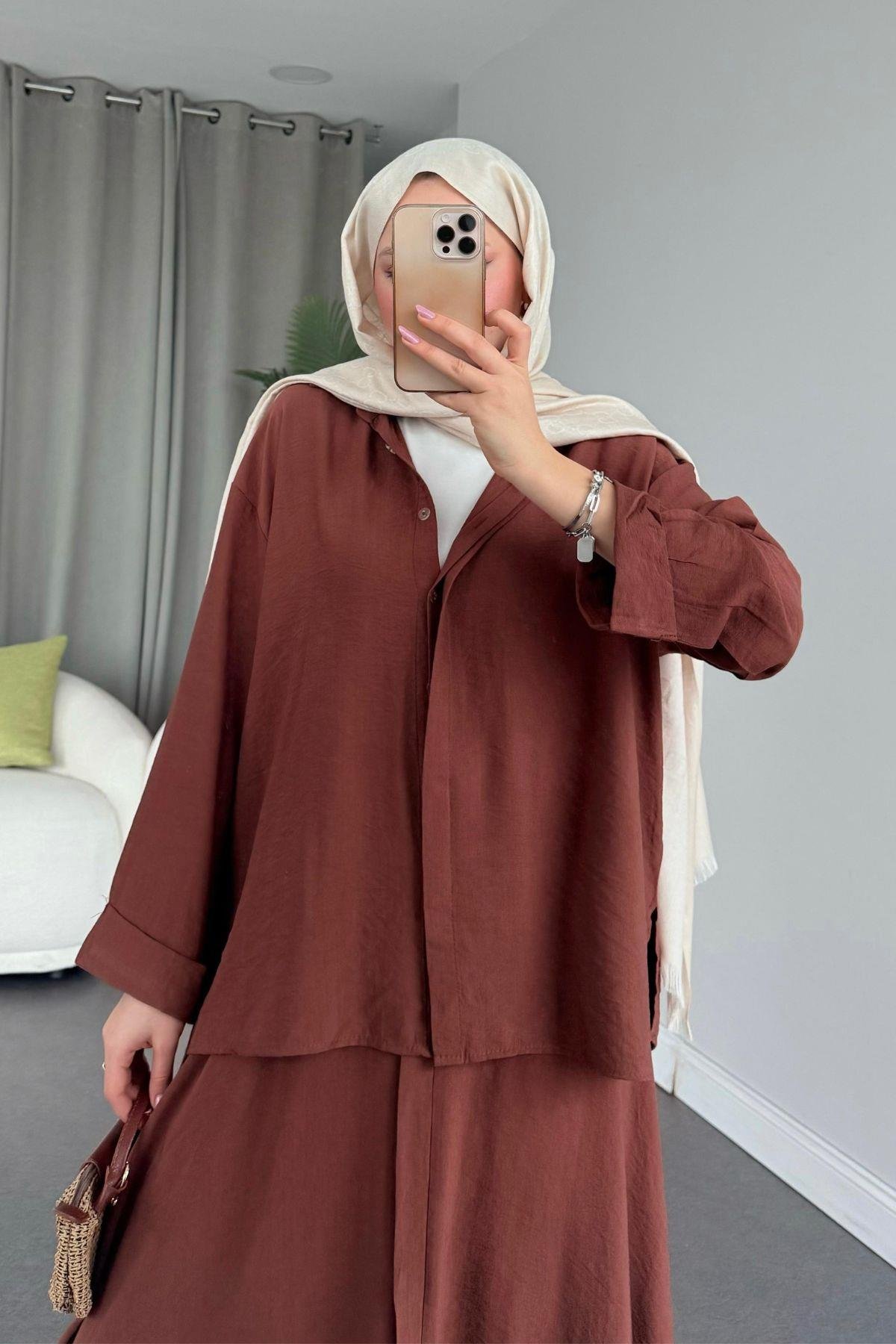 Cepsiz Liya Takım Kahve, Fiyatları Haza Moda | Tesettür Giyim | Cepsiz Liya Takım Kahve