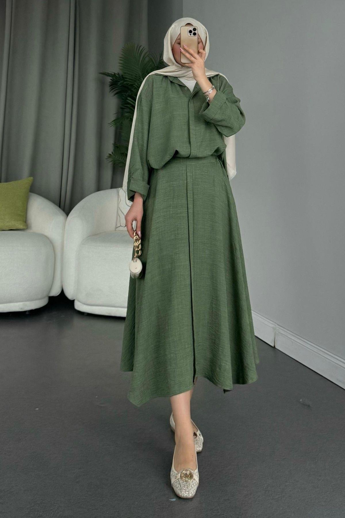 Cepsiz Liya Takım Koyu Haki, Fiyatları Haza Moda | Tesettür Giyim | Cepsiz Liya Takım Koyu Haki