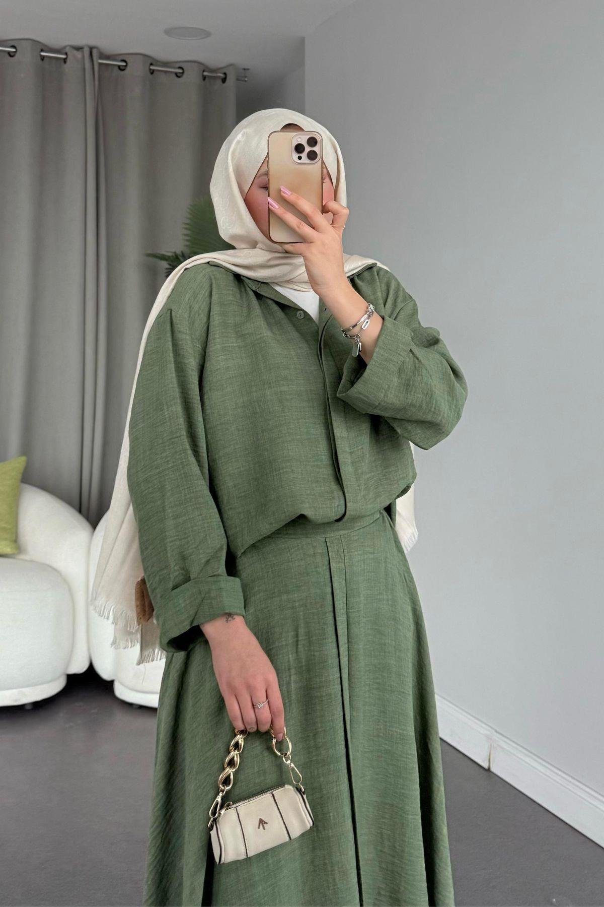 Cepsiz Liya Takım Koyu Haki, Fiyatları Haza Moda | Tesettür Giyim | Cepsiz Liya Takım Koyu Haki