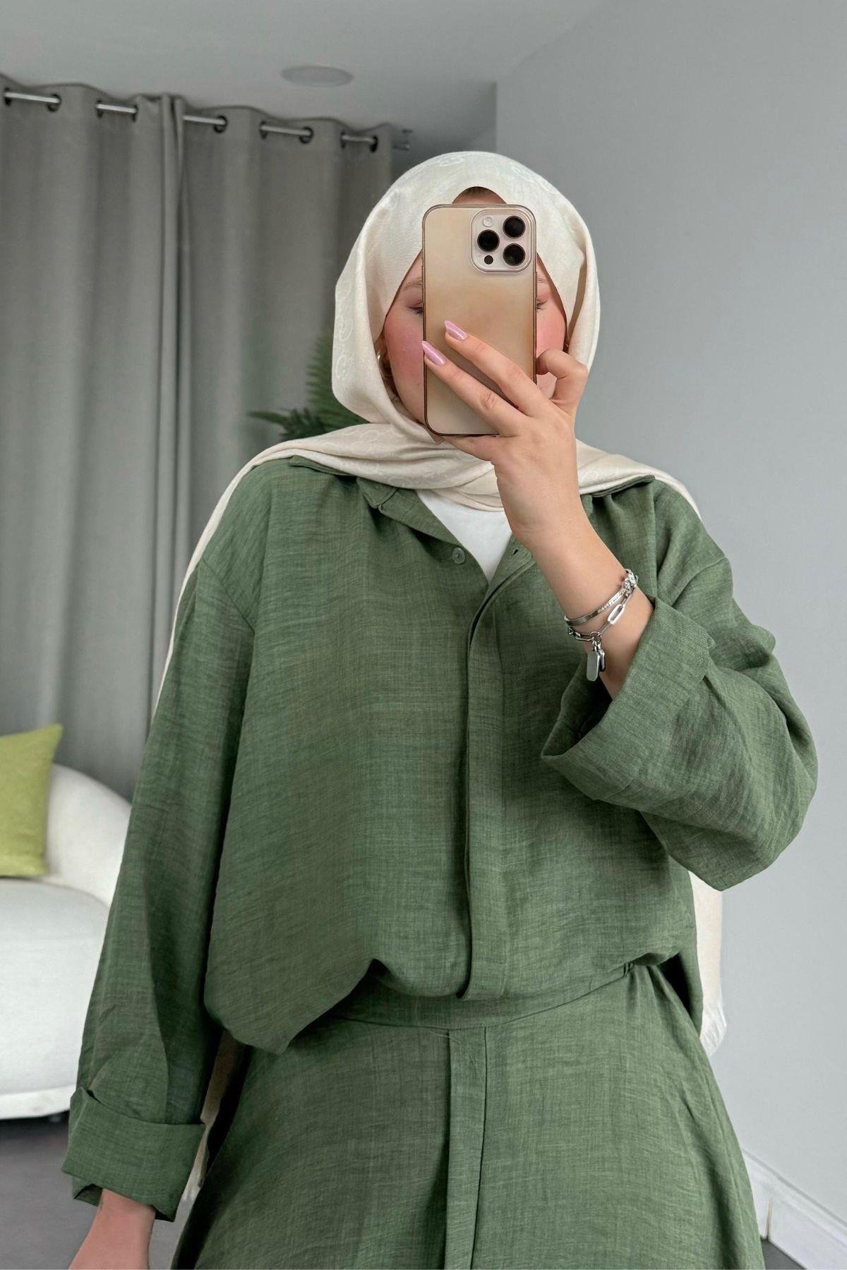 Cepsiz Liya Takım Koyu Haki, Fiyatları Haza Moda | Tesettür Giyim | Cepsiz Liya Takım Koyu Haki