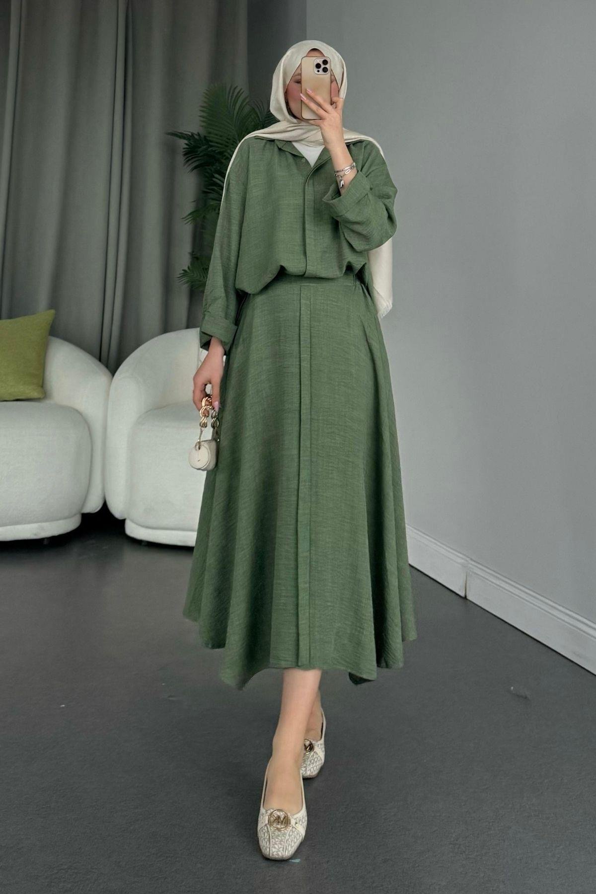 Cepsiz Liya Takım Koyu Haki, Fiyatları Haza Moda | Tesettür Giyim | Cepsiz Liya Takım Koyu Haki