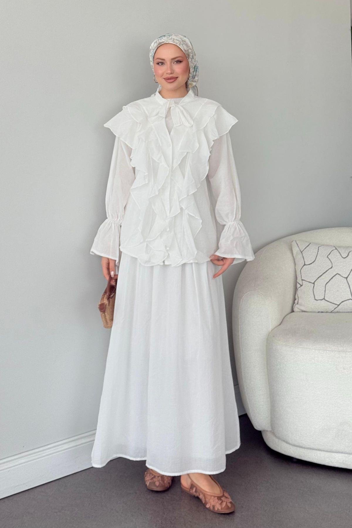 Çeşme Fırfırlı Takım Beyaz , Fiyatları Çeşme Fırfırlı Takım Beyaz - Haza Moda 