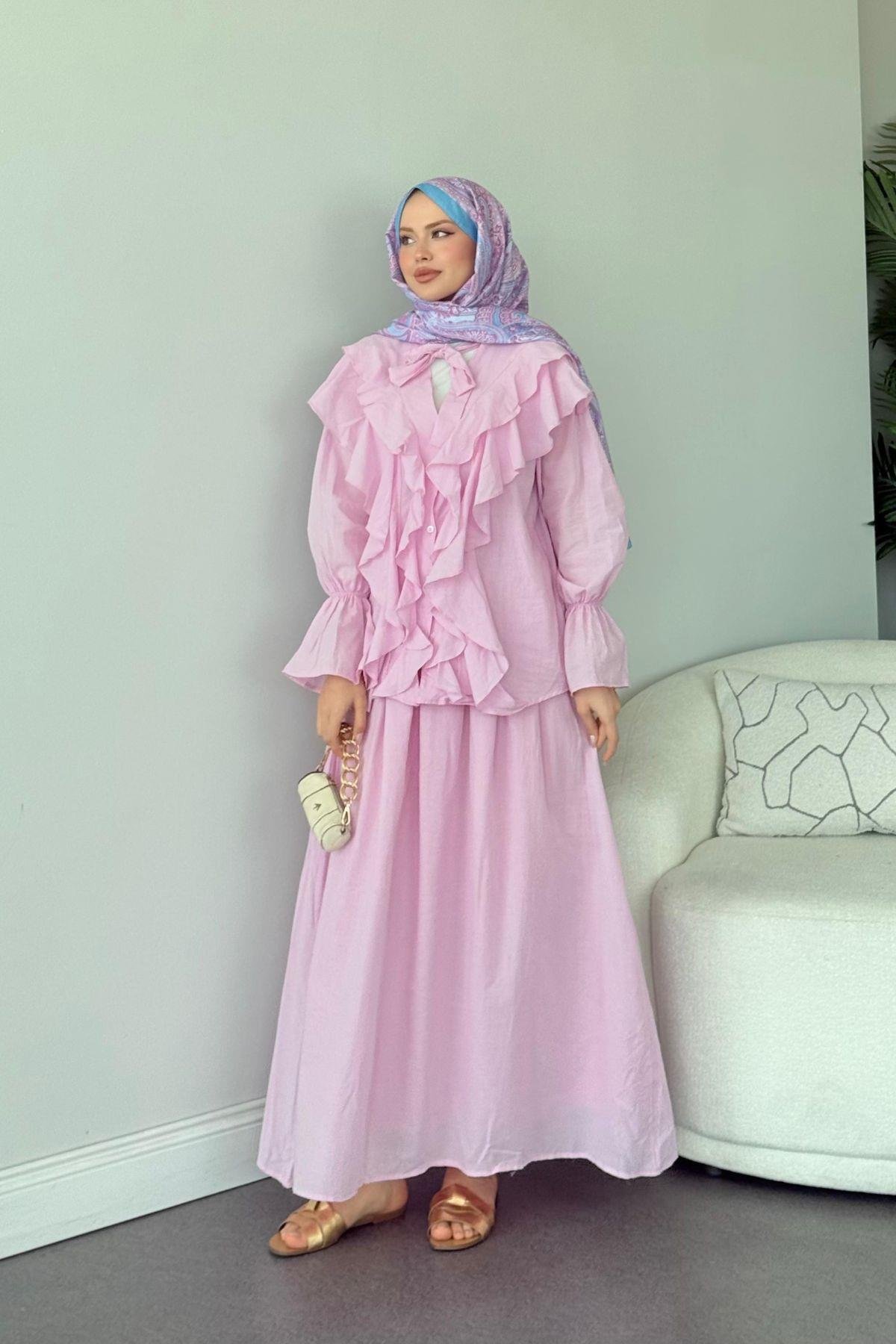 Çeşme Fırfırlı Takım Pembe, Fiyatları Çeşme Fırfırlı Takım Pembe - Haza Moda 