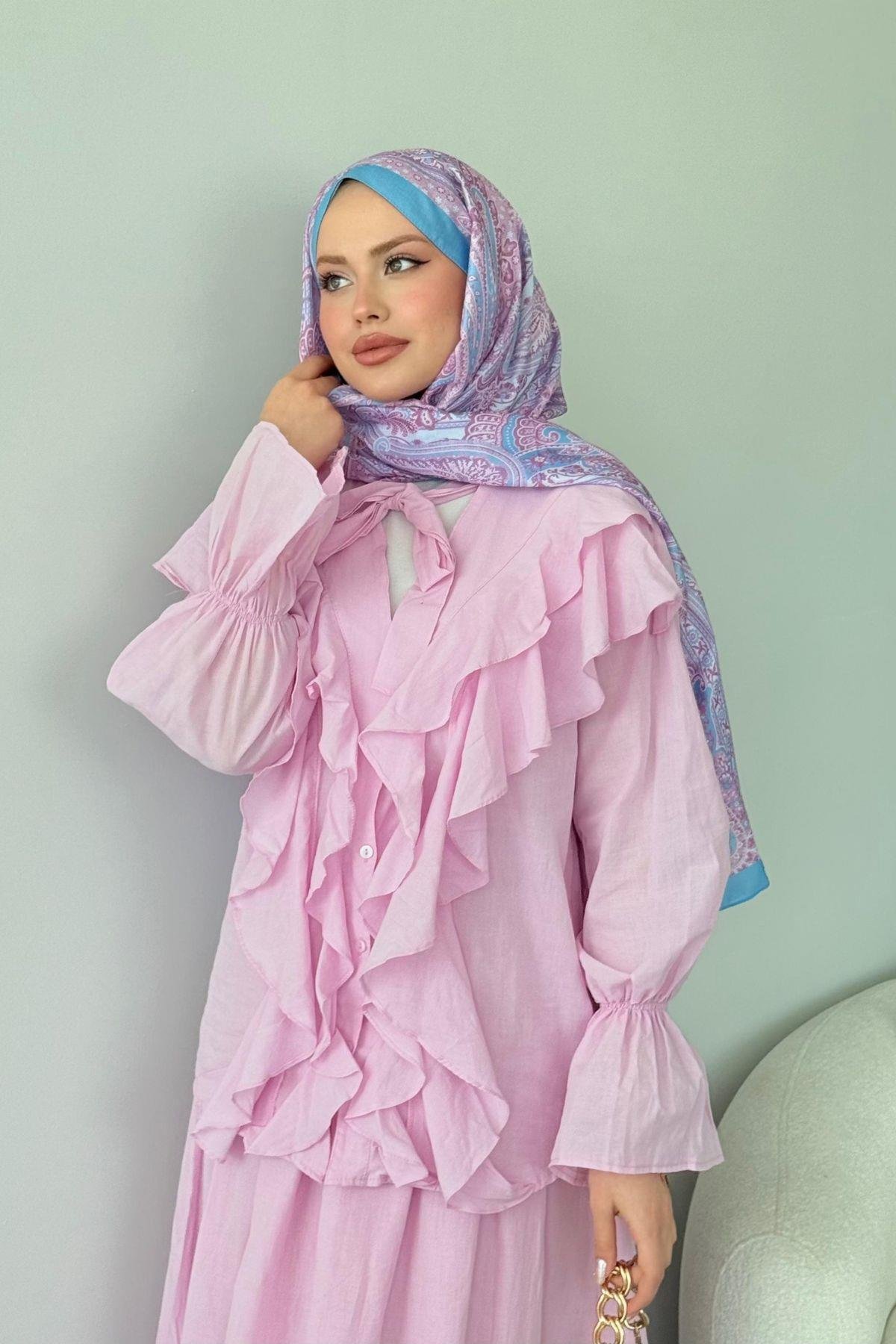 Çeşme Fırfırlı Takım Pembe, Fiyatları Çeşme Fırfırlı Takım Pembe - Haza Moda 