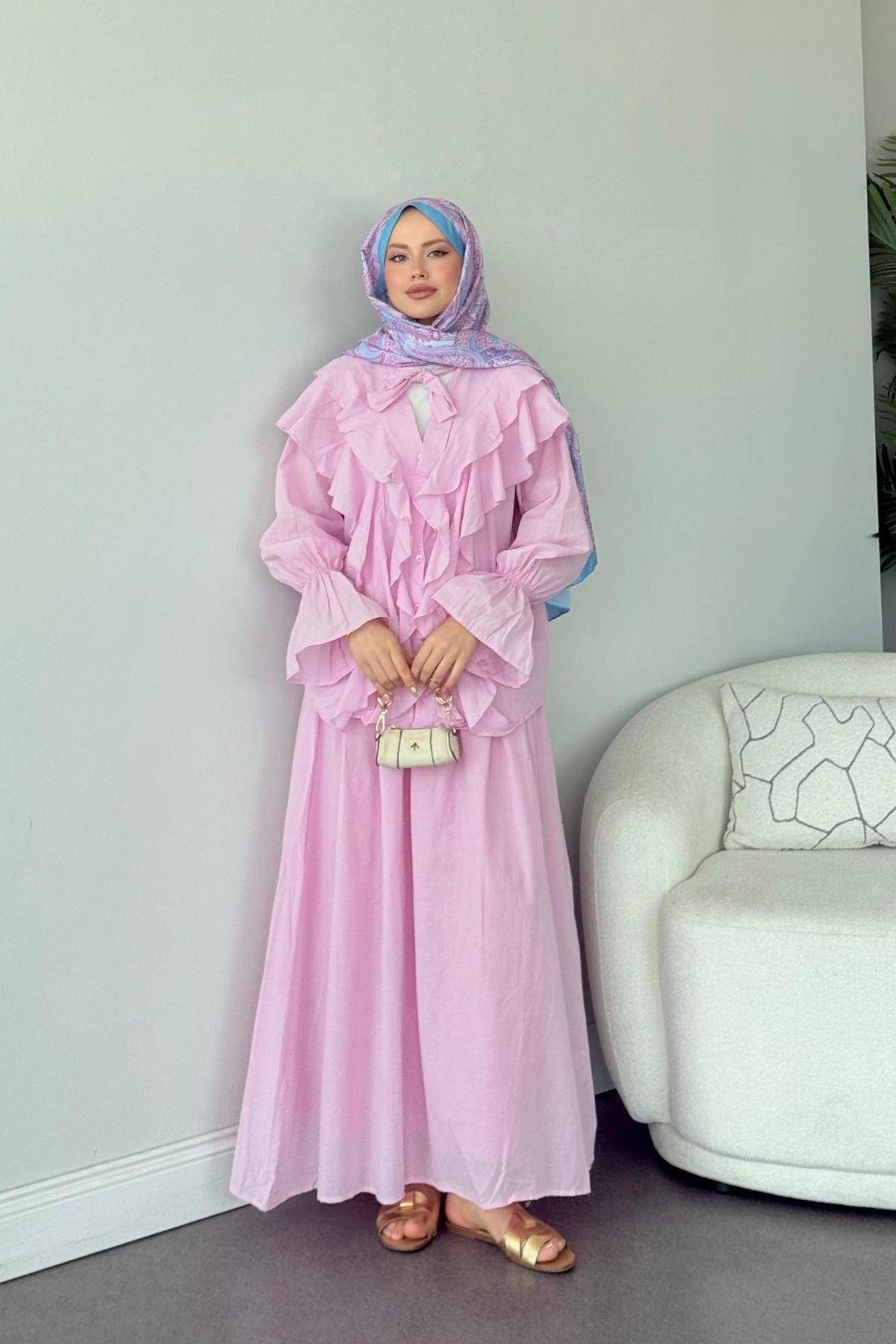 Çeşme Fırfırlı Takım Pembe, Fiyatları Çeşme Fırfırlı Takım Pembe - Haza Moda 