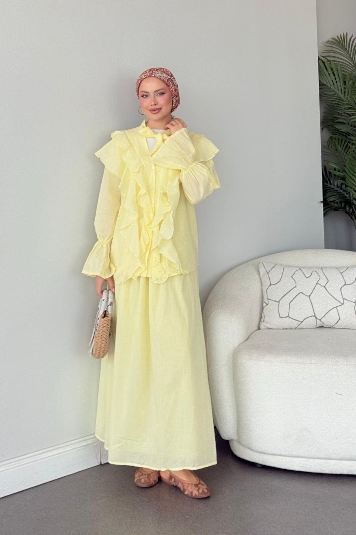 Çeşme Fırfırlı Takım Sarı , Fiyatları Çeşme Fırfırlı Takım Sarı - Haza Moda 