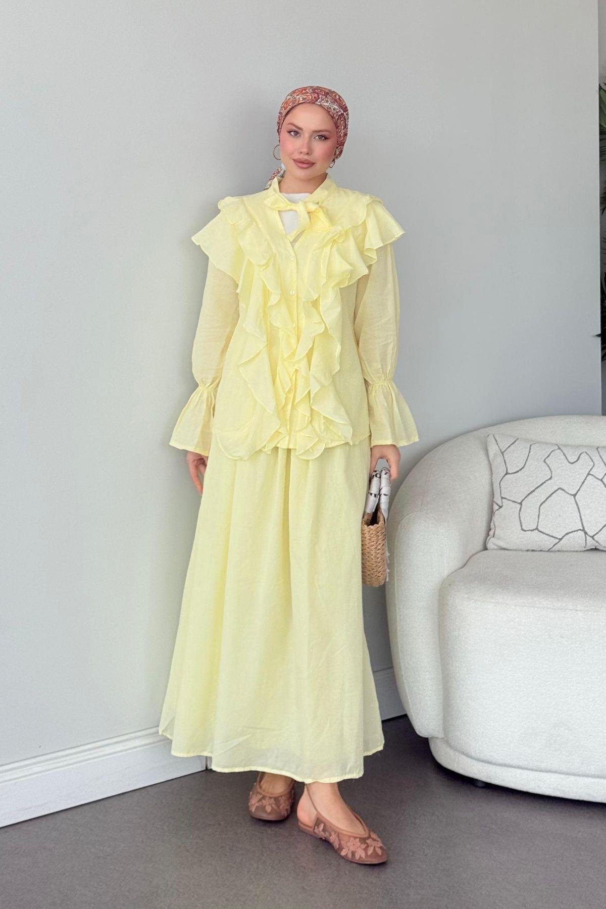 Çeşme Fırfırlı Takım Sarı , Fiyatları Çeşme Fırfırlı Takım Sarı - Haza Moda 