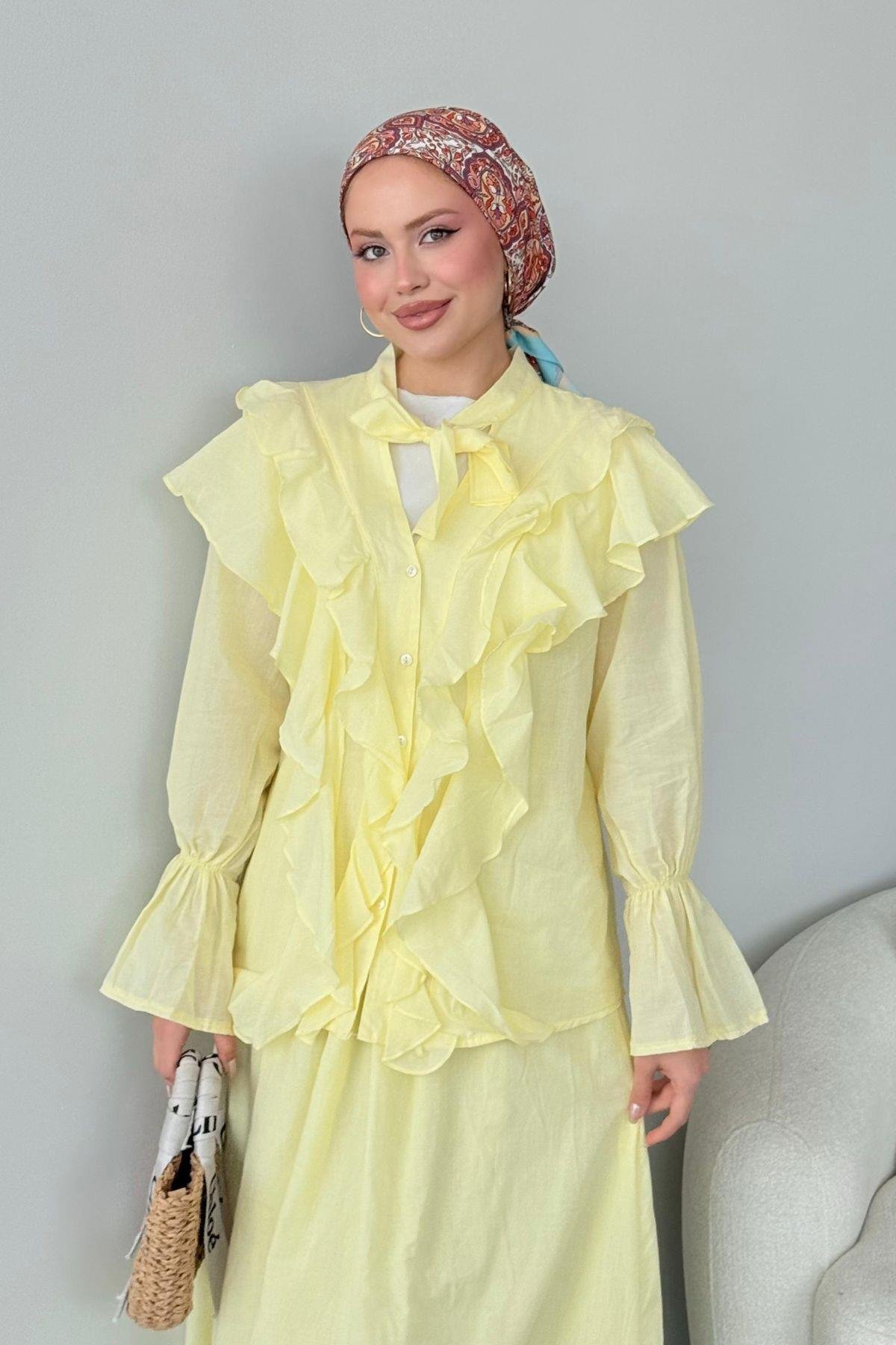 Çeşme Fırfırlı Takım Sarı , Fiyatları Çeşme Fırfırlı Takım Sarı - Haza Moda 