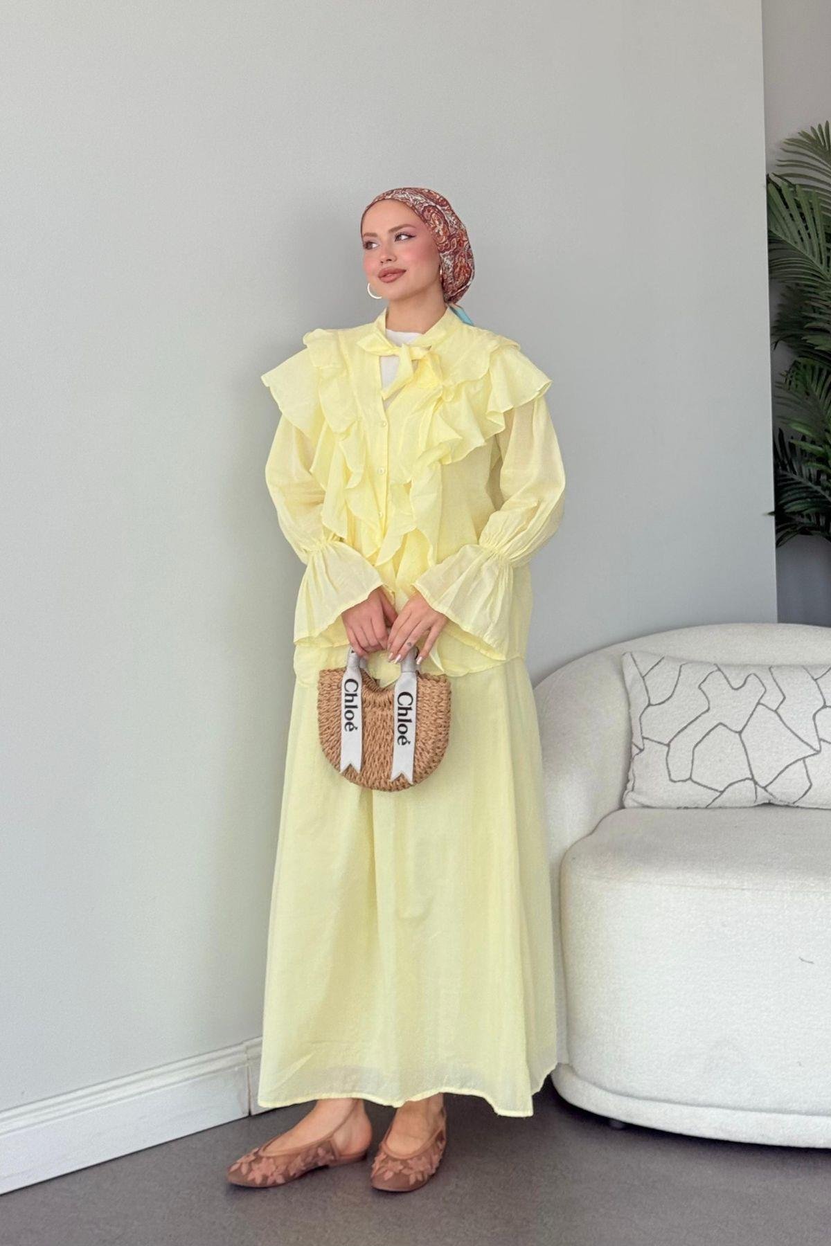 Çeşme Fırfırlı Takım Sarı , Fiyatları Çeşme Fırfırlı Takım Sarı - Haza Moda 