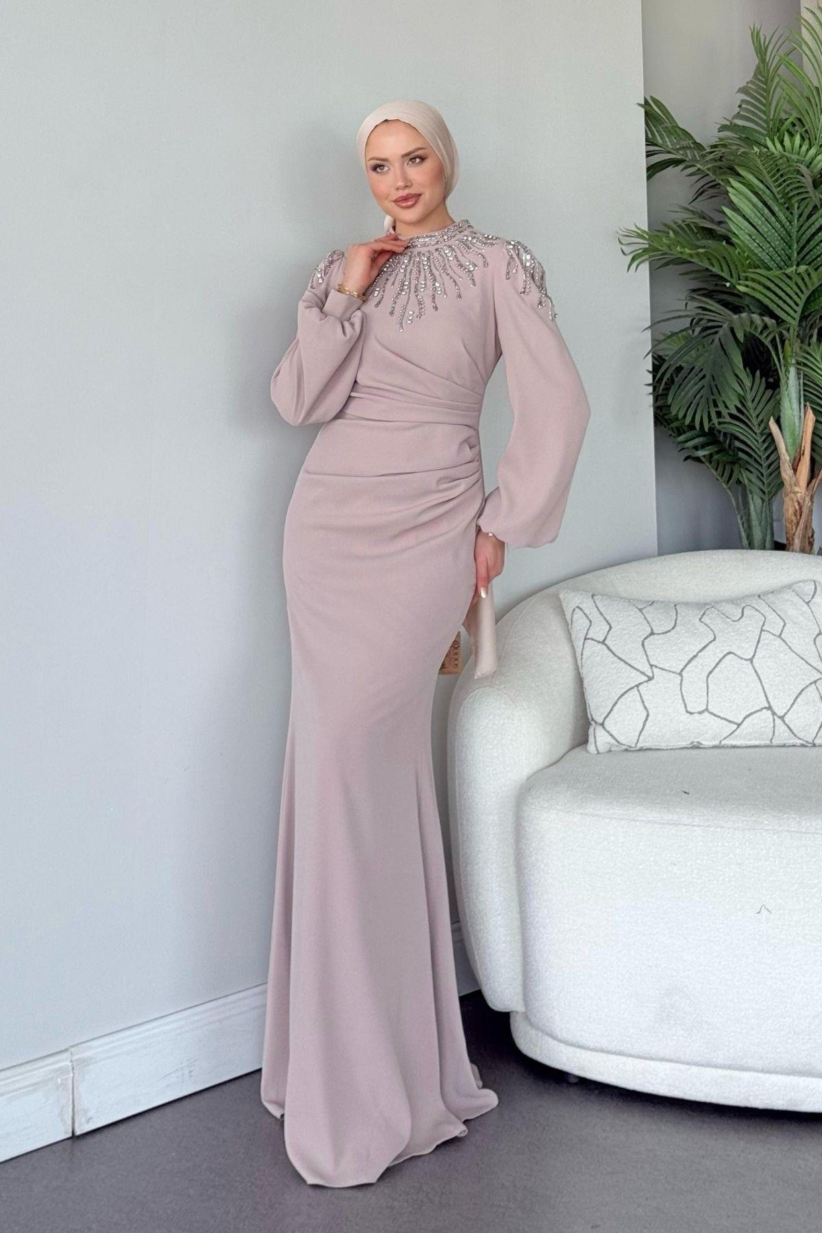 Cide Taş İşlemeli Abiye Bej, Fiyatları Cide Taş İşlemeli Abiye Bej- Haza Moda 