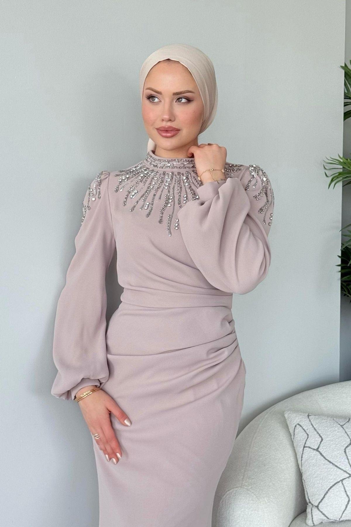 Cide Taş İşlemeli Abiye Bej, Fiyatları Cide Taş İşlemeli Abiye Bej- Haza Moda 