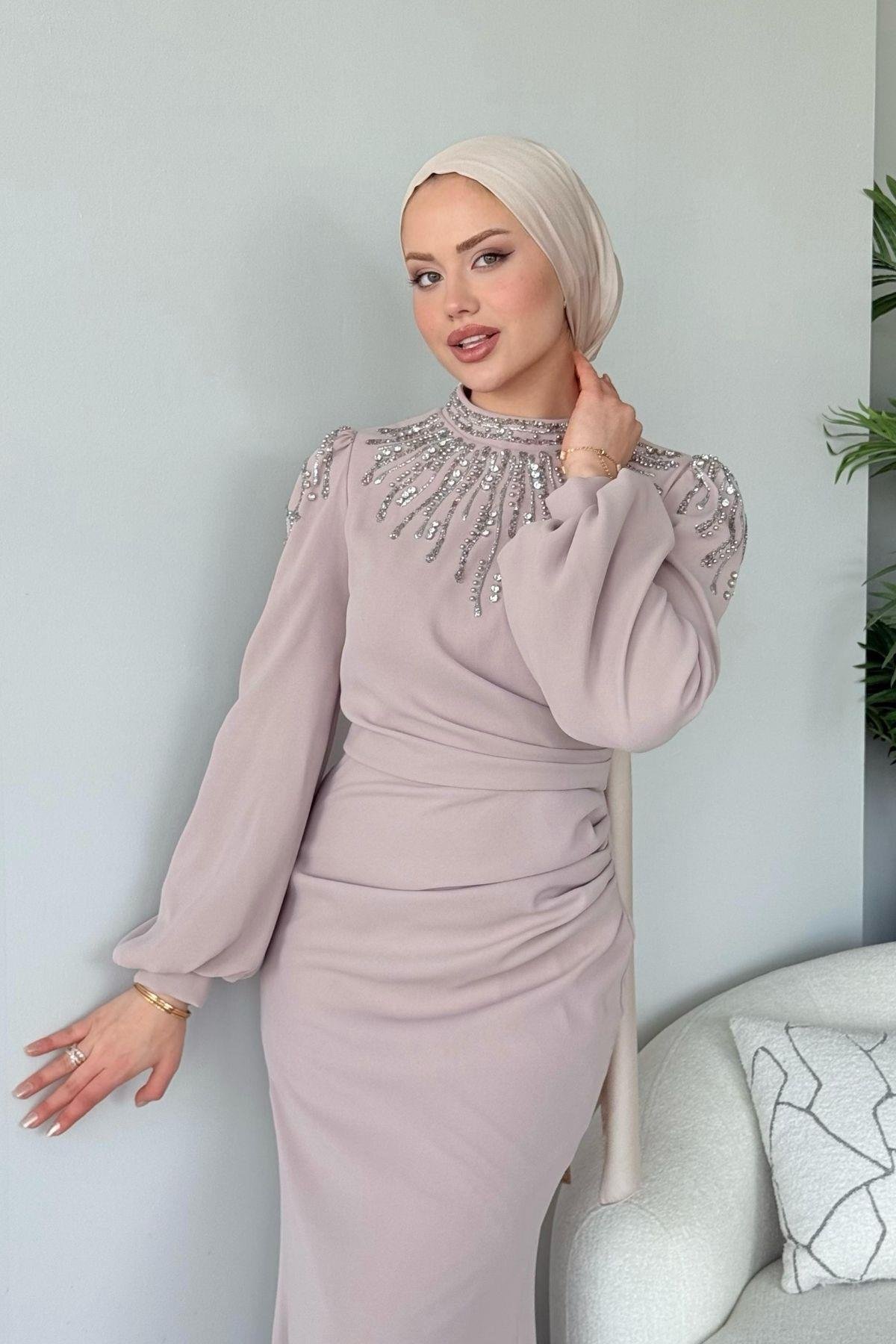 Cide Taş İşlemeli Abiye Bej, Fiyatları Cide Taş İşlemeli Abiye Bej- Haza Moda 