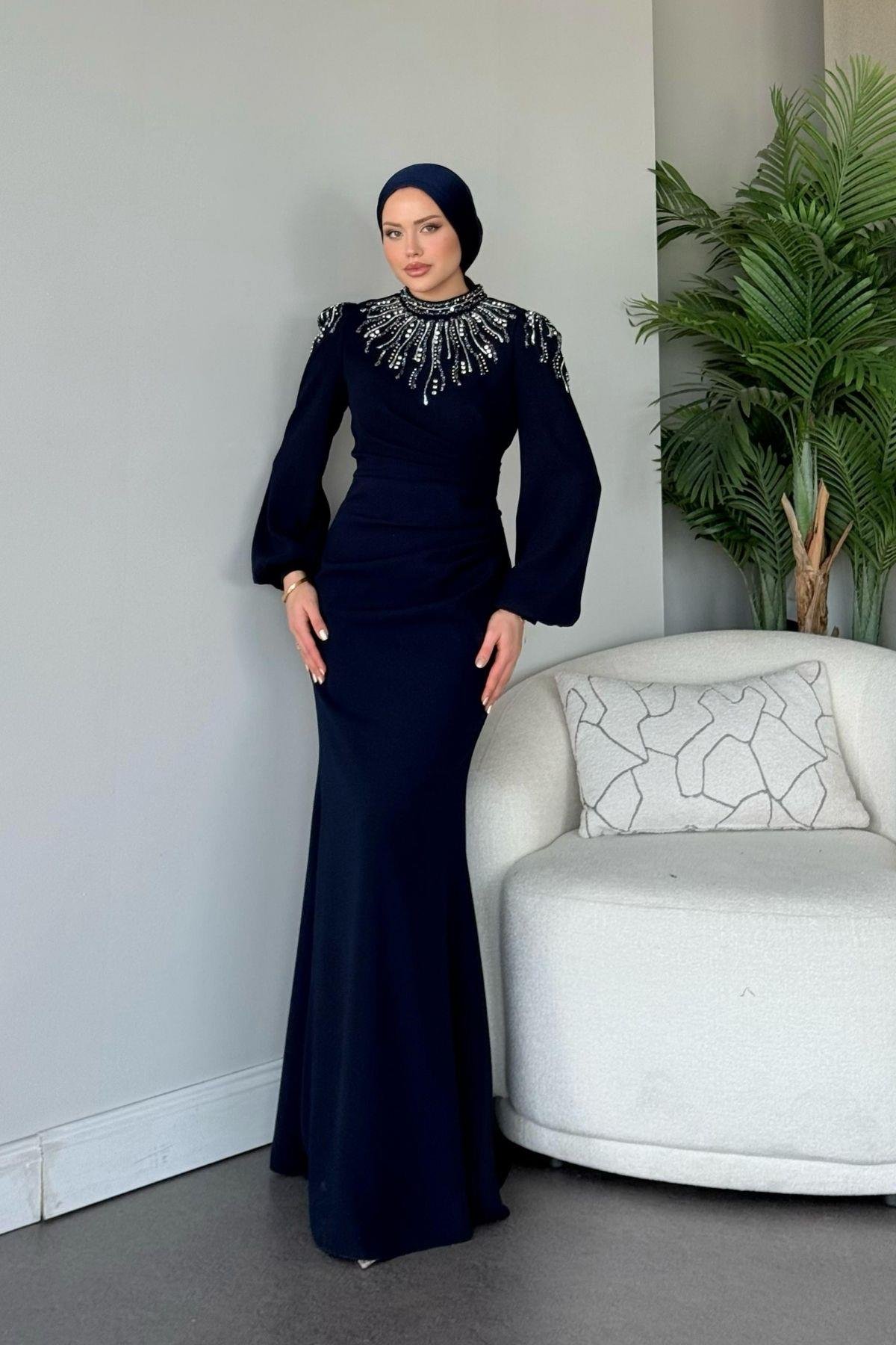 Cide Taş İşlemeli Abiye Lacivert, Fiyatları Cide Taş İşlemeli Abiye Lacivert - Haza Moda 