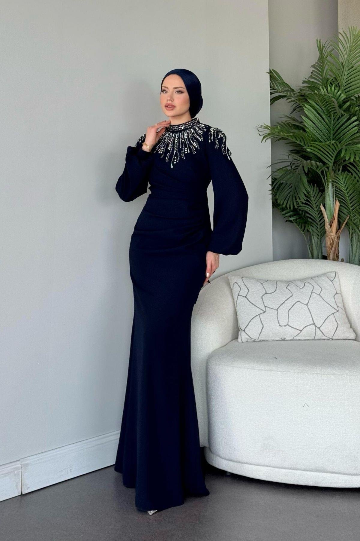 Cide Taş İşlemeli Abiye Lacivert, Fiyatları Cide Taş İşlemeli Abiye Lacivert - Haza Moda 