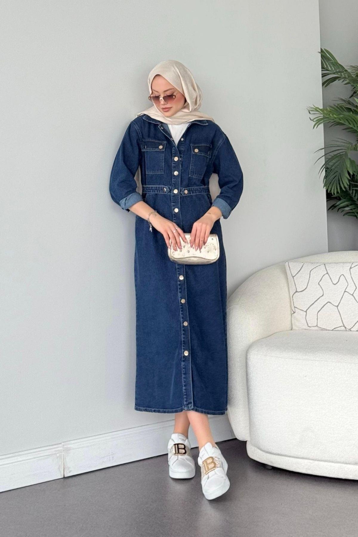 Cıtcıtlı Kot Elbise Koyu Mavi, Fiyatları Haza Moda | Tesettür Giyim | Cıtcıtlı Kot Elbise Koyumavi