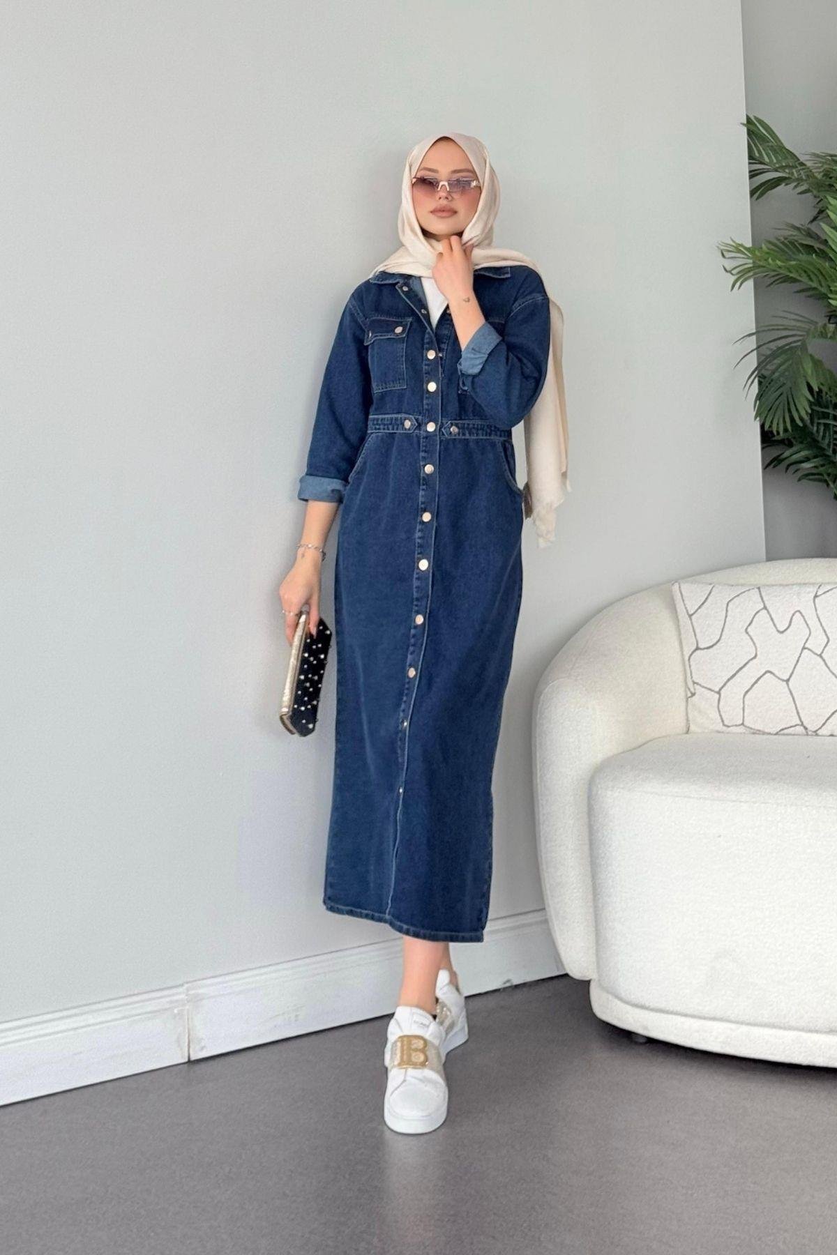 Cıtcıtlı Kot Elbise Koyu Mavi, Fiyatları Haza Moda | Tesettür Giyim | Cıtcıtlı Kot Elbise Koyumavi